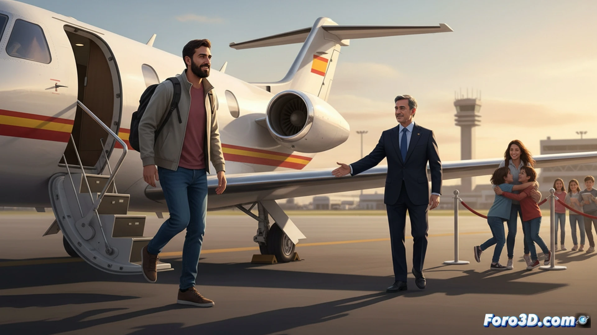 El ministro Albares sonríe al teléfono, mientras un avión despega de fondo bajo un cielo nublado, simbolizando el regreso del activista español liberado.