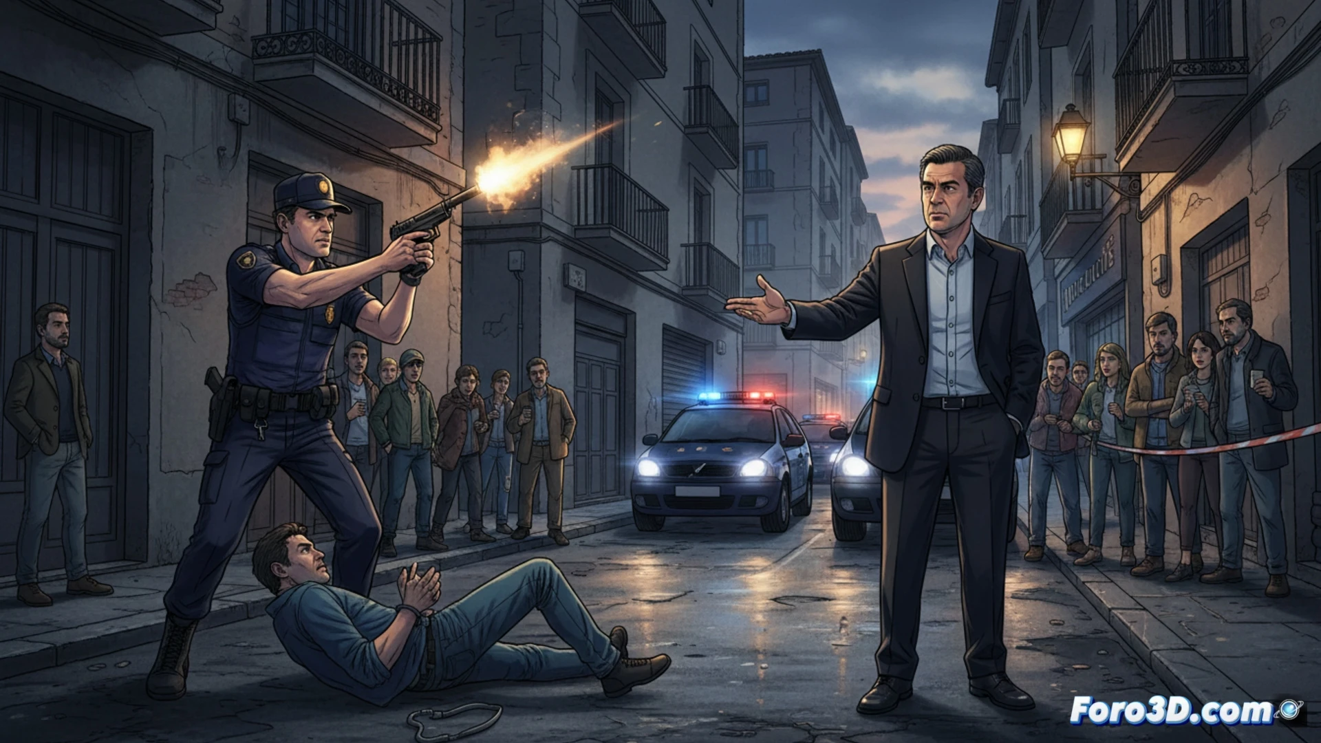 Urban street confrontation scene at dusk, Mossos d'Esquadra officer in full tactical gear raising a service pistol upward while detaining two suspects against a patrol car, muzzle flash visible near a streetlamp, Badalona residential buildings background, officer's radio and handcuffs on belt, dashboard camera mounted on windshield recording the process, cinematic photorealistic style, dramatic shadows from police lights, motion blur on the shooting arm, tense body language showing defensive action, ultra-detailed uniform textures, realistic urban lighting with blue and red emergency reflections