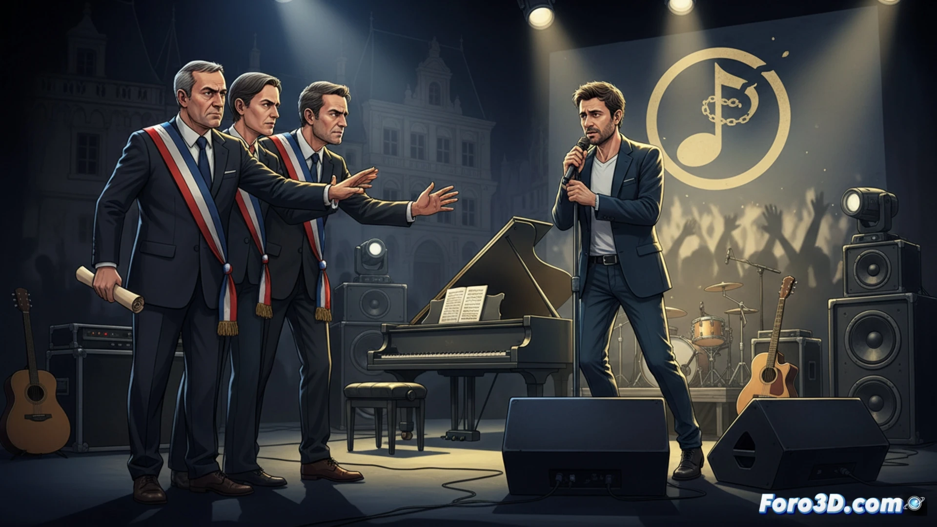 French mayors in official sashes standing before a concert venue entrance, holding official suspension notices with red stamps, stage lights dimmed behind locked gates, microphone stand abandoned on empty stage, security guards crossing arms in front of barricades, photorealistic editorial style, dramatic evening lighting, wet cobblestone reflecting neon signs, tension in postures, concrete urban setting, detailed fabric textures on suits, soft-focus crowd silhouette in background, cinematic documentary aesthetic