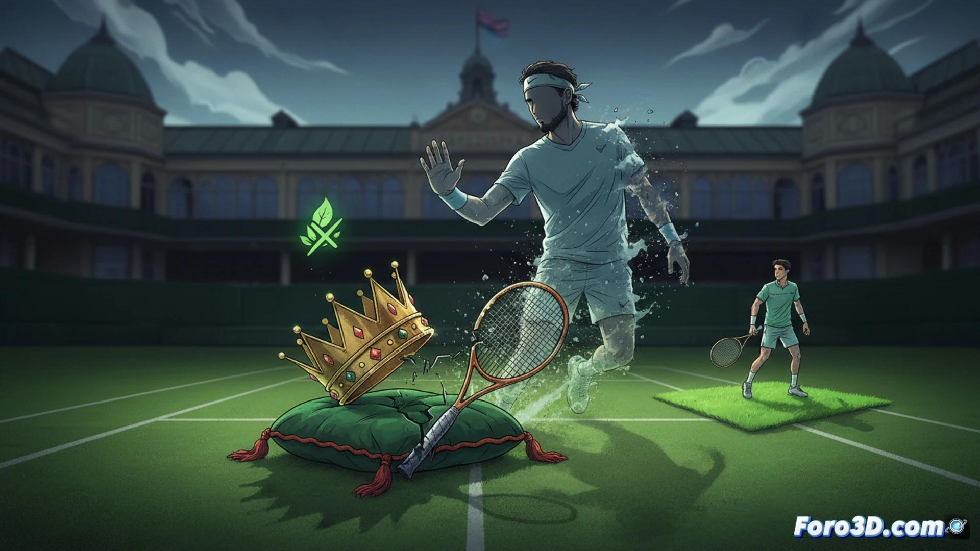 tennis racket strings vibrating after missing a grass-court shot, empty centre court at Queens Club with freshly cut grass stripes, red clay dust particles floating above a discarded racket bag, tournament banner showing player silhouette fading into shadow, maintenance crew rolling a net away in background, cinematic sports visualization, dramatic overcast lighting, empty stands with rain reflections on seats, photorealistic technical render