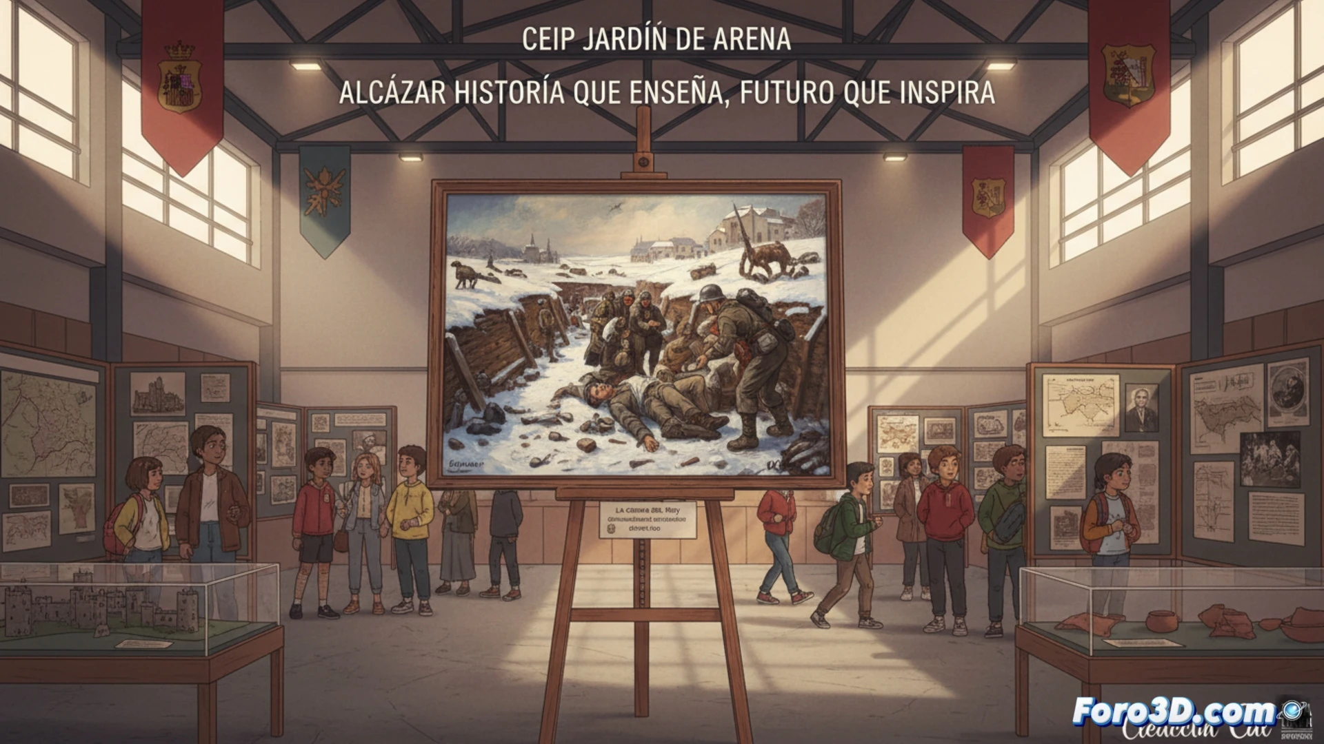 A classroom transformed into a historical exhibit, children gathered around a large illuminated display panel showing a vintage map of Alcázar de San Juan, a teacher pointing at a framed painting titled La Guerra del Rey depicting a humanitarian scene, students examining a digital tablet with architectural blueprints of local landmarks, warm gallery lighting, wooden floors, educational posters on walls, photorealistic technical illustration, cinematic depth of field, cultural storytelling atmosphere, detailed textures on canvas and paper, realistic shadows and highlights.