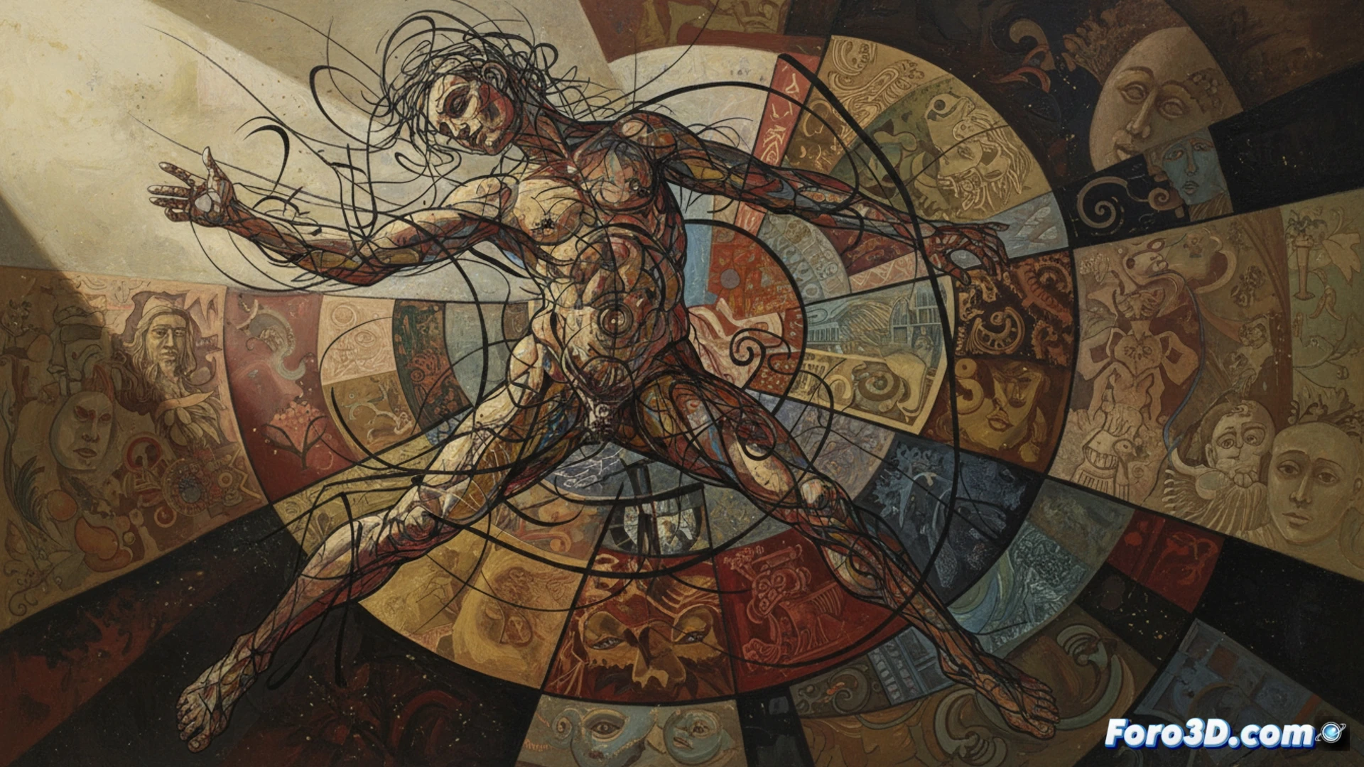 Obra de Alcorlo: dibujo tectónico en blanco y negro, líneas curvas en movimiento perpetuo, composición viva y expresiva.