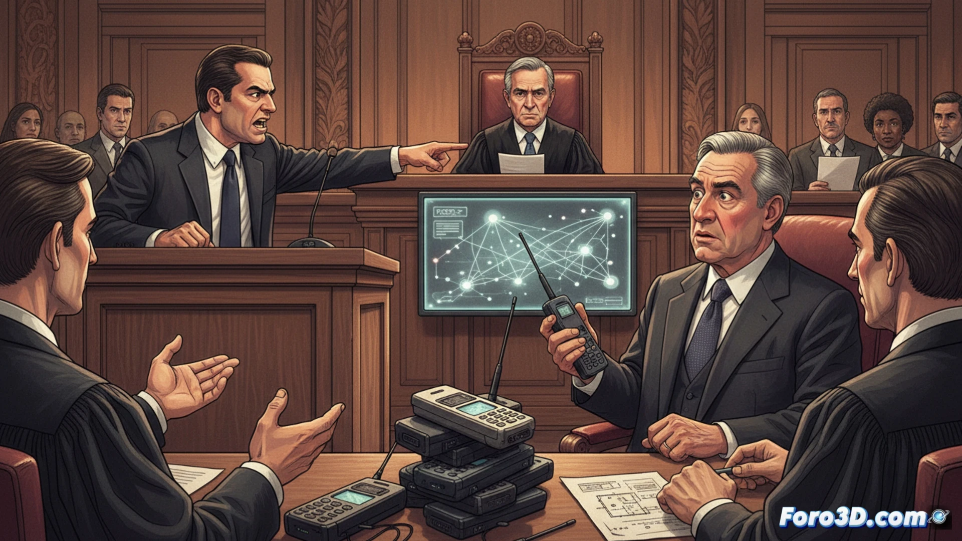 Photorealistic cinematic scene of a businessman handing a secure smartphone to a former president in a dimly lit government office, both men standing near a polished wooden desk, advanced encryption hardware visible on the table, glowing green indicator lights on the phone, motion blur on fingers passing the device, subtle reflections on glass screen, dark suit jackets, tense body language, surveillance cameras faintly visible in background, dramatic side lighting from desk lamp, ultra-detailed textures on phone casing, metallic components, photorealistic technical illustration, no text or numbers in frame