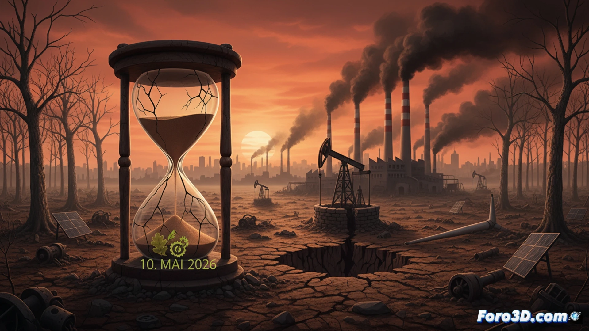 Ilustración de un reloj de arena roto sobre un mapa de Alemania, con carbón y petróleo derramándose, mientras una hoja seca cae sobre la fecha 10 de mayo.