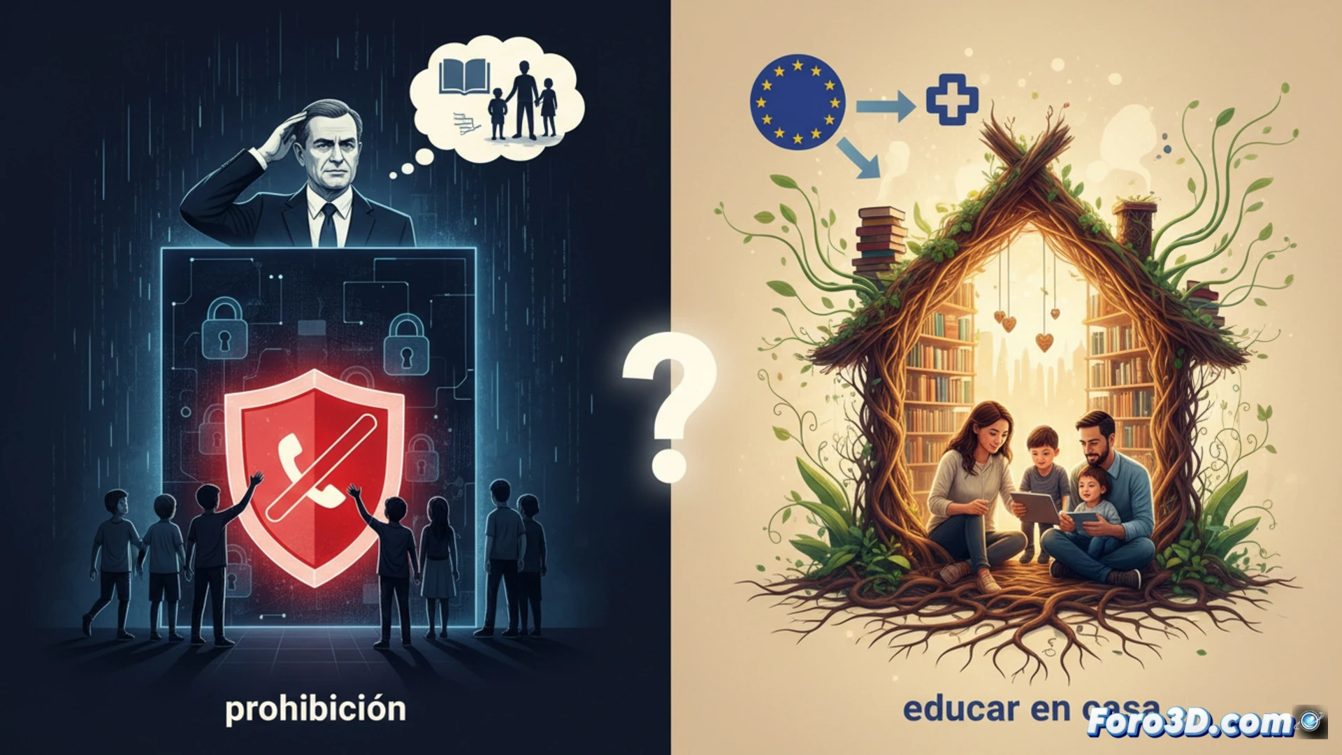 living room divided by a glowing red digital wall, teenage girl on one side reaching for a smartphone locked inside a transparent security case, parent on other side holding a tablet with parental control dashboard showing blocked apps, European Commission document icon floating in background, realistic household setting, warm lamp light contrasting cold blue screen glow, cinematic photorealistic style, tense family moment, child frustrated expression, parent calm but firm hand gesture, technical interface elements like slider bars and age verification symbols, ultra-detailed textures on furniture and screens, dramatic chiaroscuro lighting