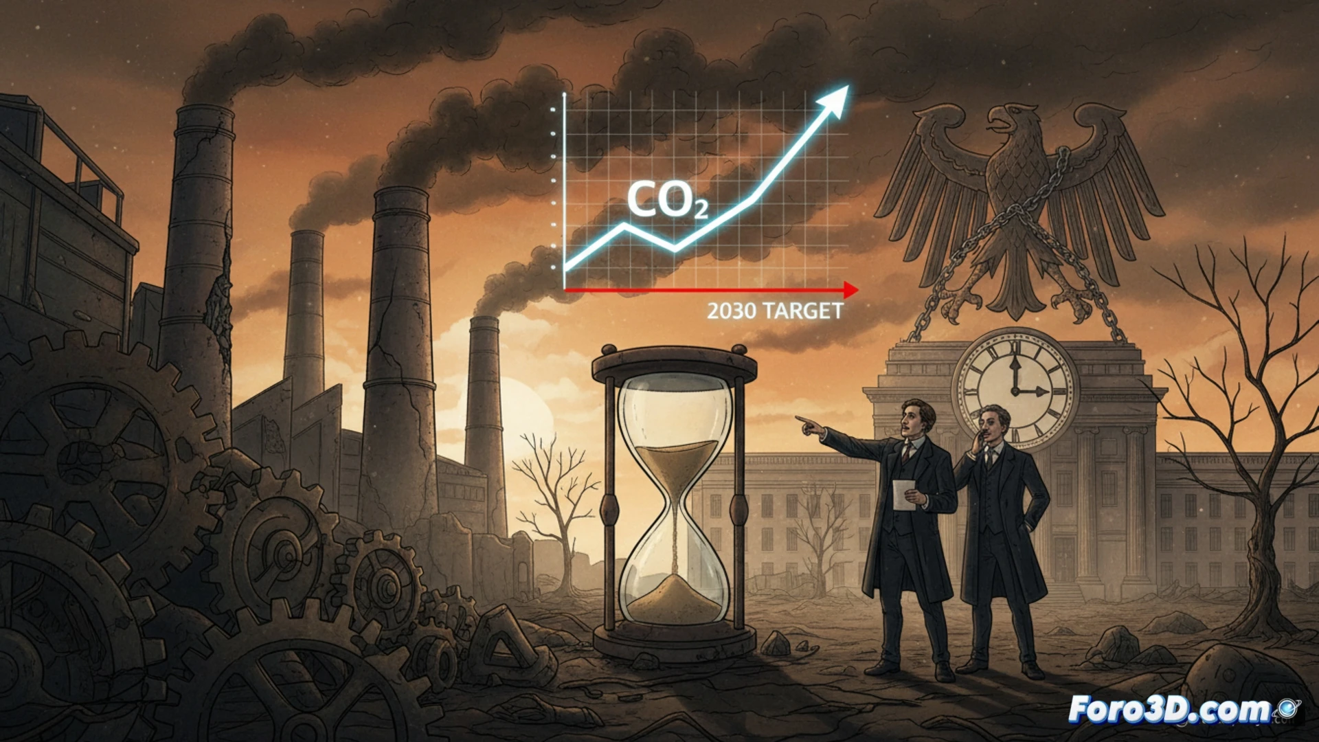 Alemanha industrial skyline at dusk, carbon dioxide molecules visualized as glowing red particles escaping from a massive factory chimney, a digital dashboard showing a broken arrow exceeding 60-100 million tonnes CO2 budget, a gavel striking a document labeled climate law, cinematic photorealistic technical illustration, dramatic orange and grey lighting, steam and smoke mixing with data visualization overlays, ultra-detailed industrial machinery, realistic atmospheric haze, urgent warning atmosphere, engineering visualization style