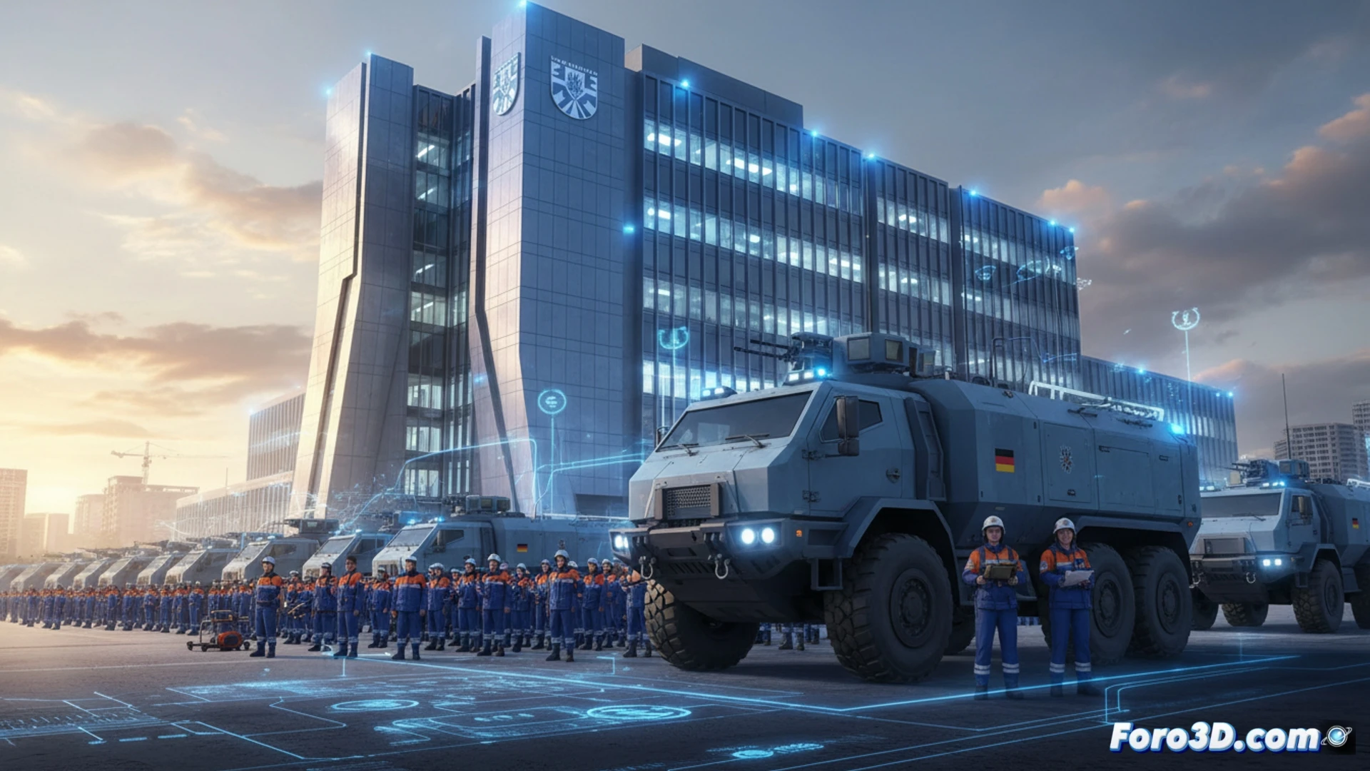 emergency response vehicles convoy driving on autobahn, THW technicians in orange uniforms loading modular flood barriers onto trucks, drone surveillance scanning flooded industrial zone, high-voltage power lines being repaired by helicopter crew, cinematic engineering visualization, realistic German landscape with grey sky, heavy rain streaks, reflective wet asphalt, glowing LED warning lights on vehicles, hydraulic excavator arm extending over damaged bridge, photorealistic technical illustration, dramatic rescue operation lighting, ultra-detailed mechanical components, misty atmosphere