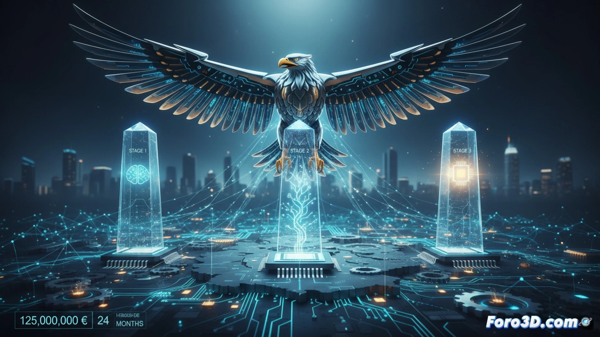 German AI research facility interior, three interconnected workstations showing neural network training process, glowing holographic brain model floating above central desk, robotic arms assembling quantum computing chips, surveillance screens displaying European Union flags and data flow diagrams, engineers in white lab coats adjusting optical cables, server racks with blinking blue LEDs in background, photorealistic technical illustration, cool blue and silver color palette, precise engineering details, dramatic overhead lighting casting sharp shadows, clean futuristic laboratory environment, high-tech components visible during active development phase