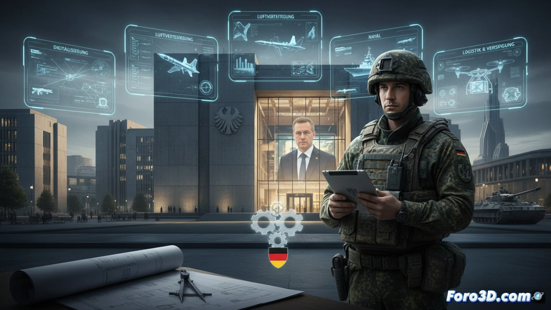 German defense ministry restructuring scene, five holographic pillars labeled land air sea cyber space rising from a digital command table, military officers analyzing real-time procurement data on transparent screens, engineers reviewing weapon system blueprints and satellite imagery, glowing network nodes connecting Bremen and Brussels office locations on a 3D map, cable bundles and server racks in background, cinematic technical illustration, blue and grey industrial lighting, holographic interface elements, photorealistic engineering visualization, sharp focus on collaborative decision-making process