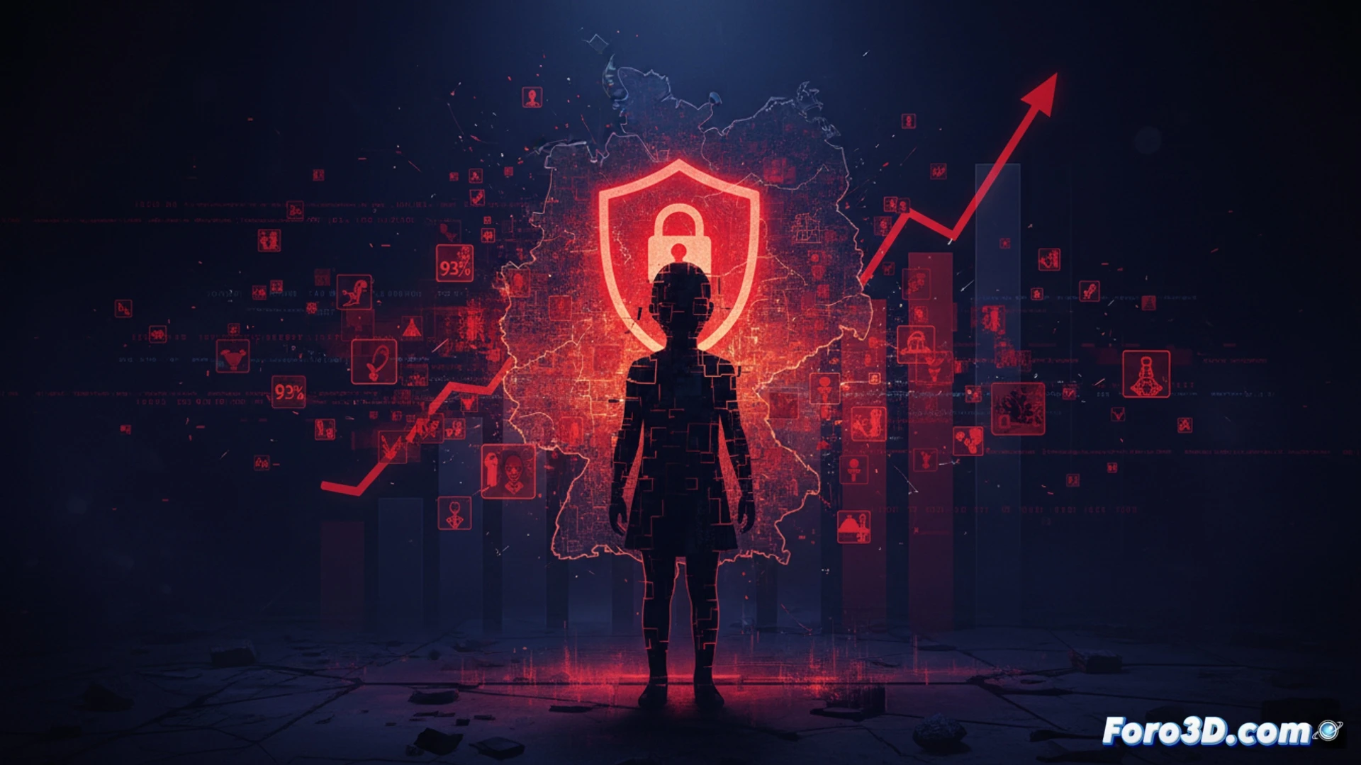 photorealistic digital safety scene, a child silhouette sitting in front of a glowing laptop screen, multiple translucent warning icons and shield symbols floating around the device, a broken padlock icon being cracked by dark tendrils emerging from the screen, while a red alert triangle pulses above the keyboard, soft blue ambient light from the monitor contrasting with harsh red warning glows, childs hands frozen in hesitation mid-air above the keyboard, cinematic lighting, dark room background, ultra-detailed reflections on the laptop surface, technical illustration style, emotional tension, no text or numbers visible