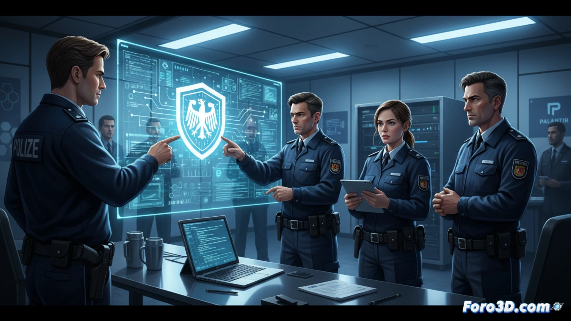 modern German police control room, officers analyzing digital evidence on multiple screens, one officer typing on a laptop running open-source forensic software, another officer pointing at a network diagram showing European cloud servers, a third officer unplugging a Palantir-branded server rack while a colleague installs a new European-made server module, technical illustration style, clean blue and gray color palette, glowing data flow lines between devices, realistic hardware details, dramatic overhead lighting, photorealistic cinematic render