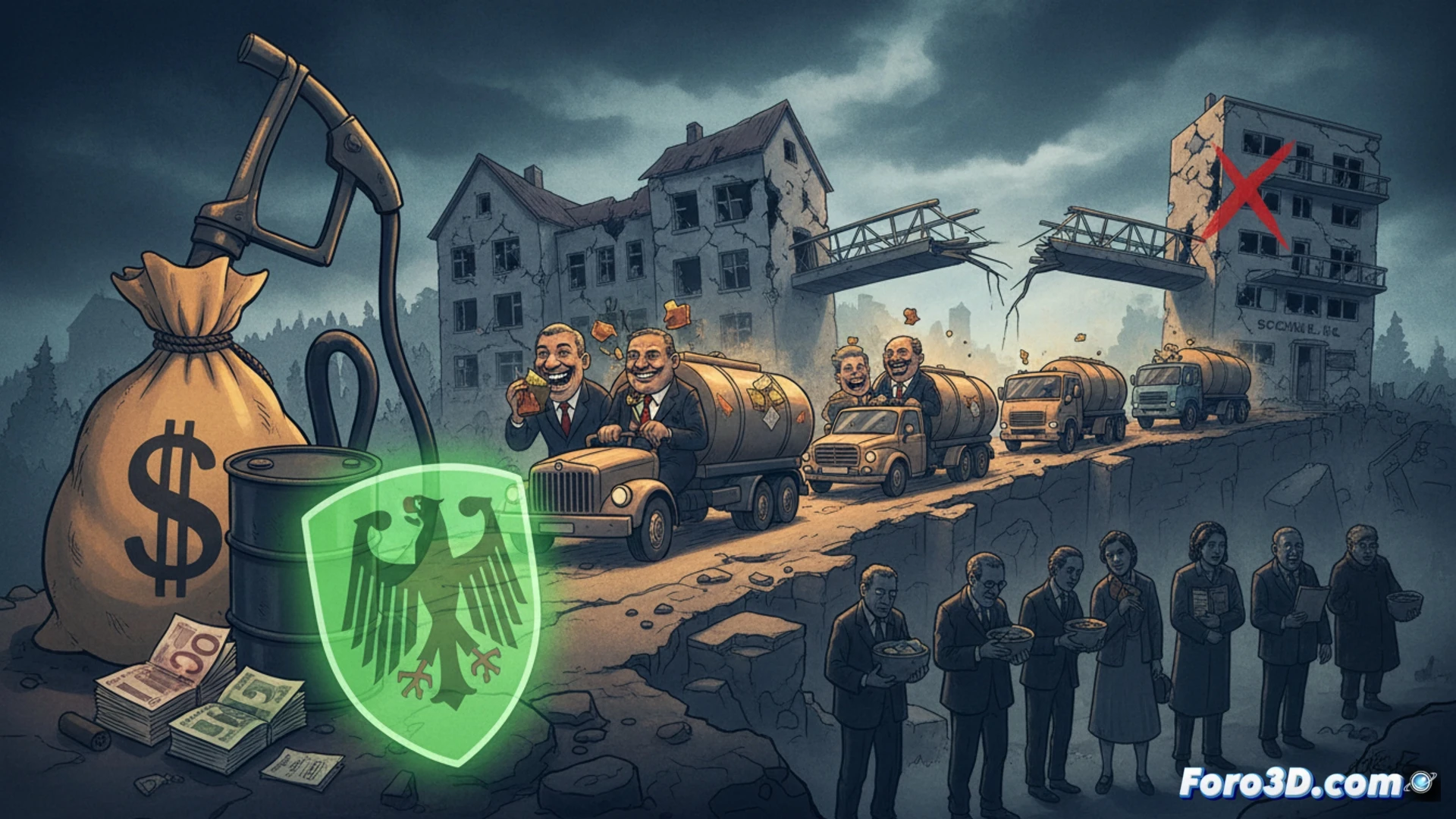 photorealistic cinematic scene of a split German highway, left side shows a fuel nozzle dripping with golden liquid into a luxury SUV, right side shows a crumbling school building with broken windows and a rusted hospital sign, a digital display in the background shows a massive euro symbol with a downward arrow, the fuel nozzle is oversized and connected to a government seal, the school and hospital are faded and grey, dramatic contrast between bright warm colors on the fuel side and cold desaturated tones on the public services side, ultra-detailed textures, cinematic lighting with shadows, technical illustration style, no text or numbers visible