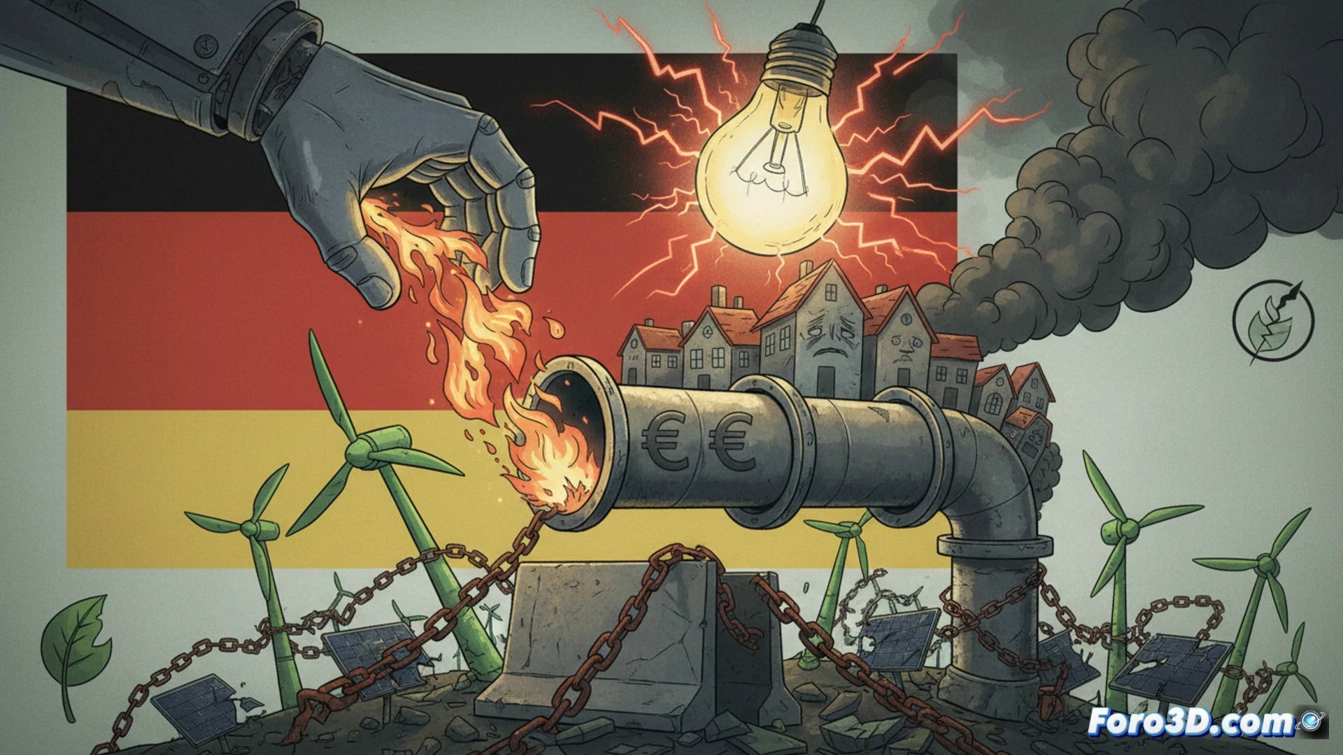 Photorealistic technical illustration of a German household electricity meter panel, glowing red warning light on the main fuse, a gas pipeline with euro coins flowing into it dominating the foreground, while a small solar panel and wind turbine in the background are visibly disconnected from the circuit, an open utility bill with rising price graph, dramatic industrial lighting, cold blue shadows contrasting with warm gas flame tint, ultra-detailed electrical components, fuses, wires, and breaker switches, cinematic engineering visualization