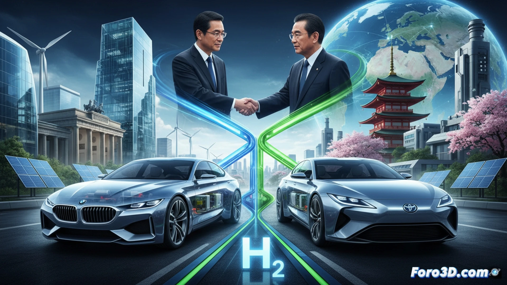 El ministro alemán Schnieder y ejecutivos de BMW y Toyota junto a un auto de hidrógeno, simbolizando la alianza verde.