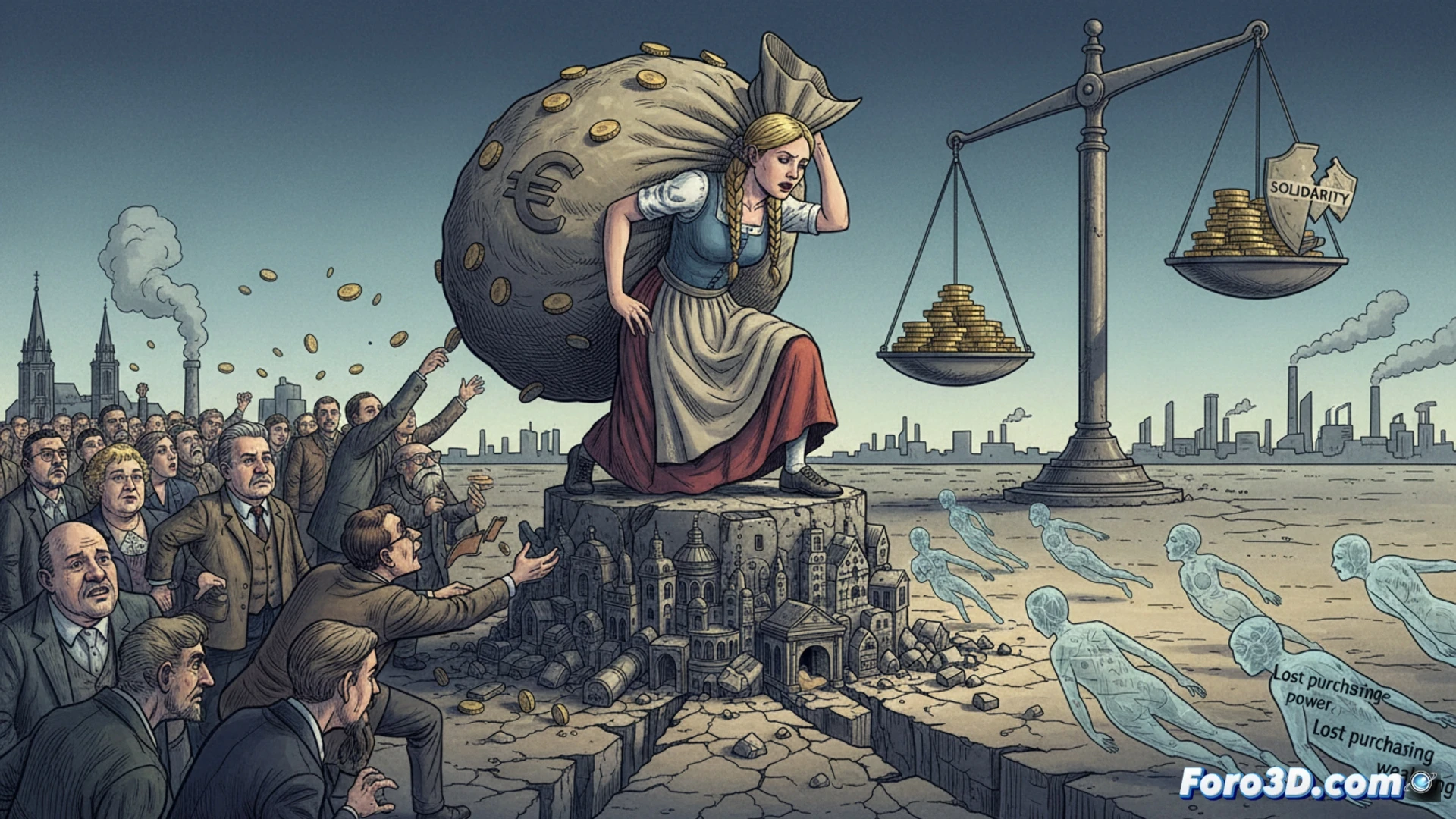 Un hombre alemán sostiene una factura gigante con el mapa de Europa, mientras monedas caen de sus bolsillos vacíos al suelo.