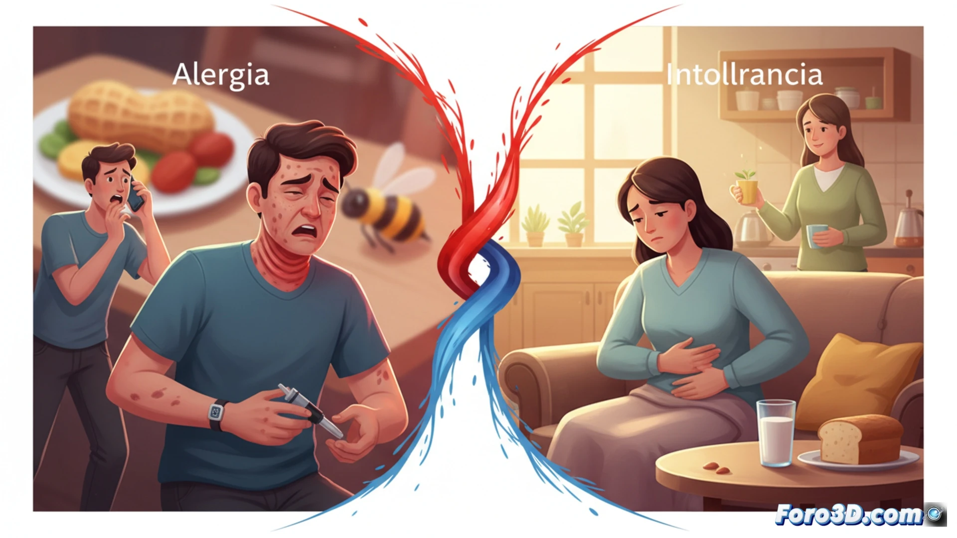 Una ilustración médica dividida muestra, a la izquierda, un sistema inmunológico activado con anticuerpos y rayos rojos; a la derecha, un estómago con enzimas rotas y alimentos sin digerir.