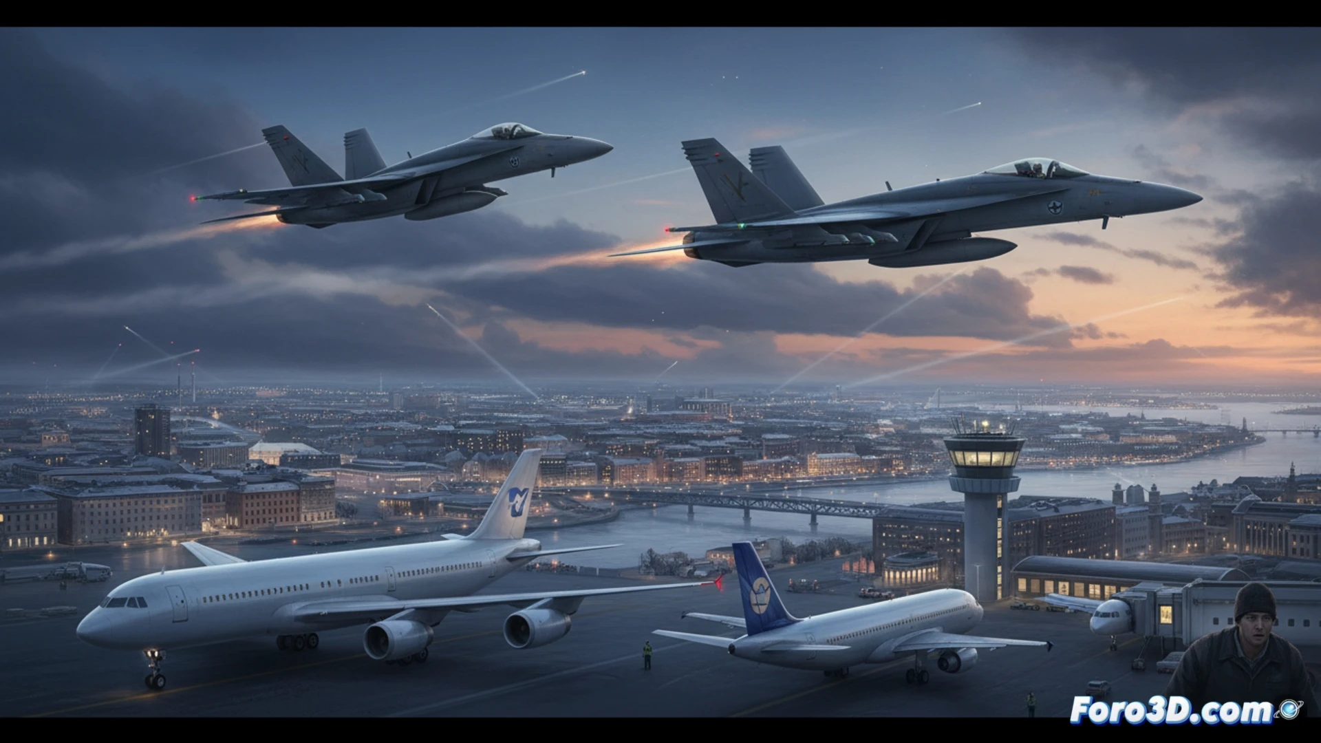 Finnish Air Force F-18 Hornet fighter jet scrambling over Helsinki skyline, commercial aircraft halted on runway below, drone silhouette blurred near restricted airspace zone, radar screens showing unidentified tracks in control tower, military personnel monitoring tactical displays, red alert status indicators flashing, photorealistic cinematic aerial scene, dramatic overcast sky, metallic jet surfaces reflecting sunset light, tension visible in ground crew positioning, technical aviation illustration style