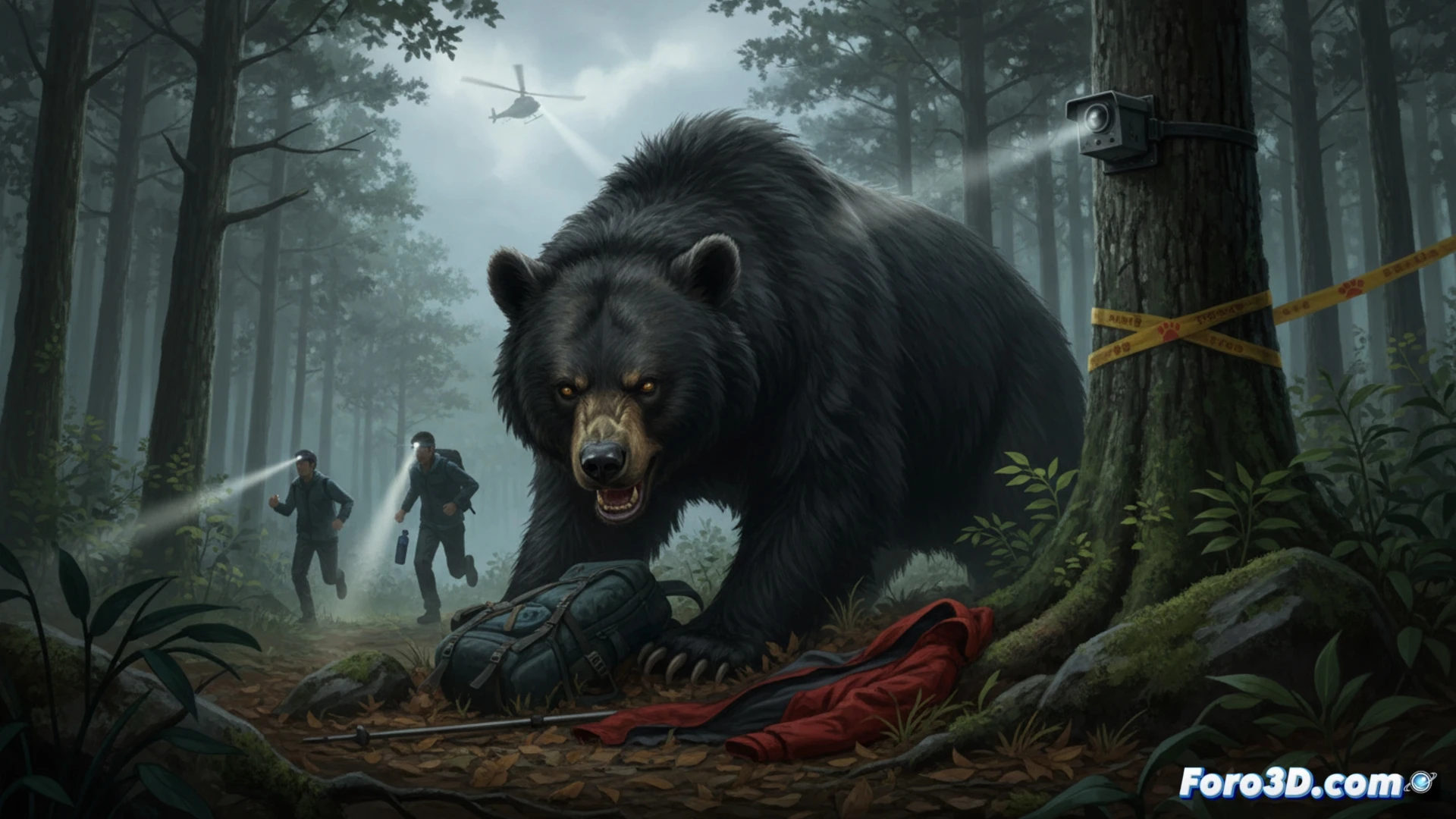 Japanese mountain forest scene, a hiker discovering a torn backpack and scattered gear on a muddy trail, bear paw prints visible in soft ground near damaged hiking poles, dense cedar trees and foggy atmosphere, emergency rescue radio device lying on leaves, cinematic photorealistic visualization, dramatic overcast lighting, deep shadows under canopy, detailed foliage textures, realistic outdoor survival equipment, action of investigation and caution, wide angle showing remote wilderness, high contrast moody tones