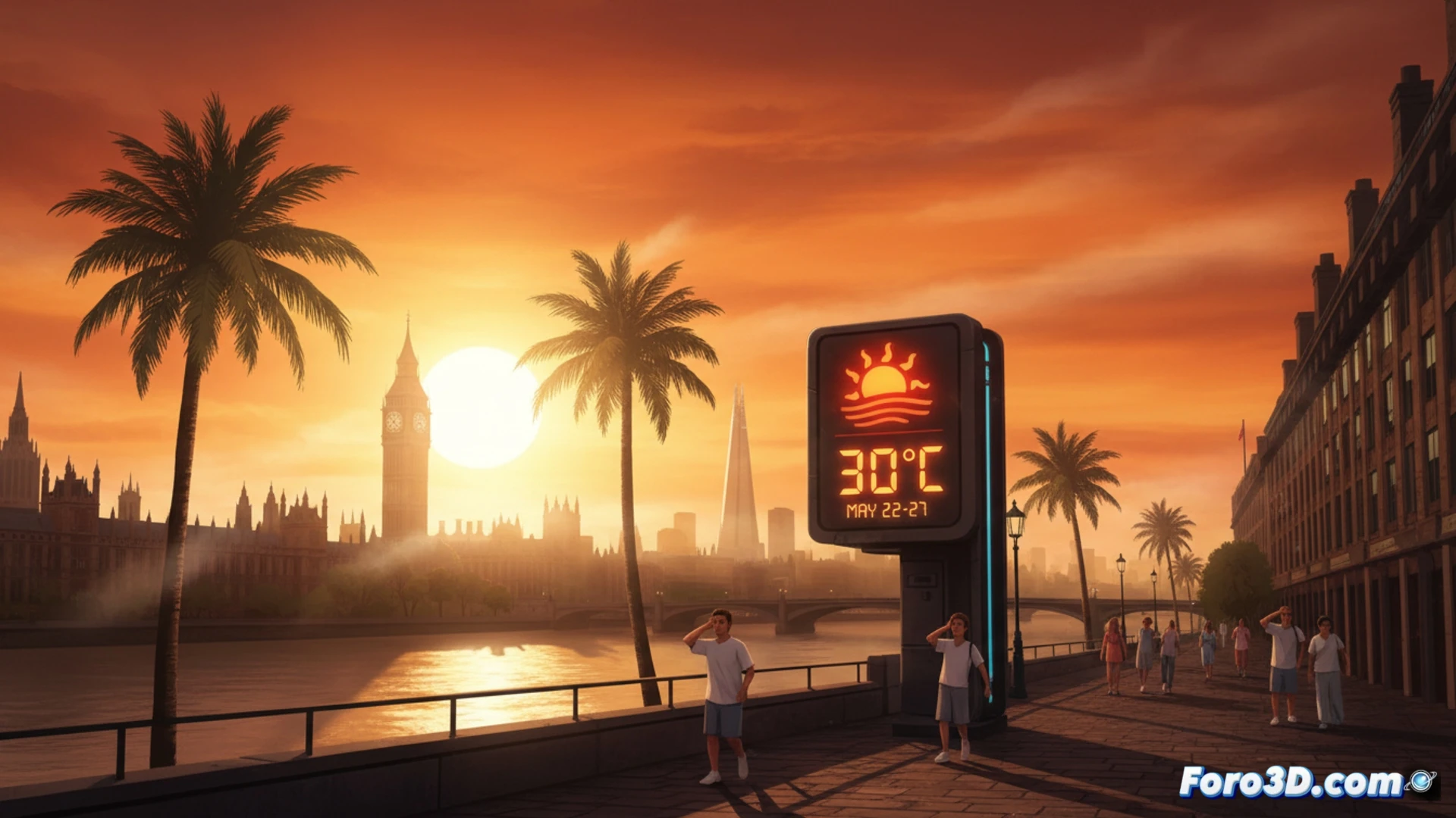 UK heatwave warning map on digital screen, Met Office weather radar showing temperature spikes reaching 30°C over London and Midlands, red alert zones pulsing across southeast England, meteorologist hand pointing at thermal gradient lines, dashboard interface with heat health alert thresholds and three-day consecutive heatwave criteria displayed, bright sun icon glowing over calendar dates May 22-27, cinematic technical visualization, photorealistic engineering render, glowing temperature contours, ultra-detailed screen reflections, dramatic emergency lighting, realistic weather data visualization style