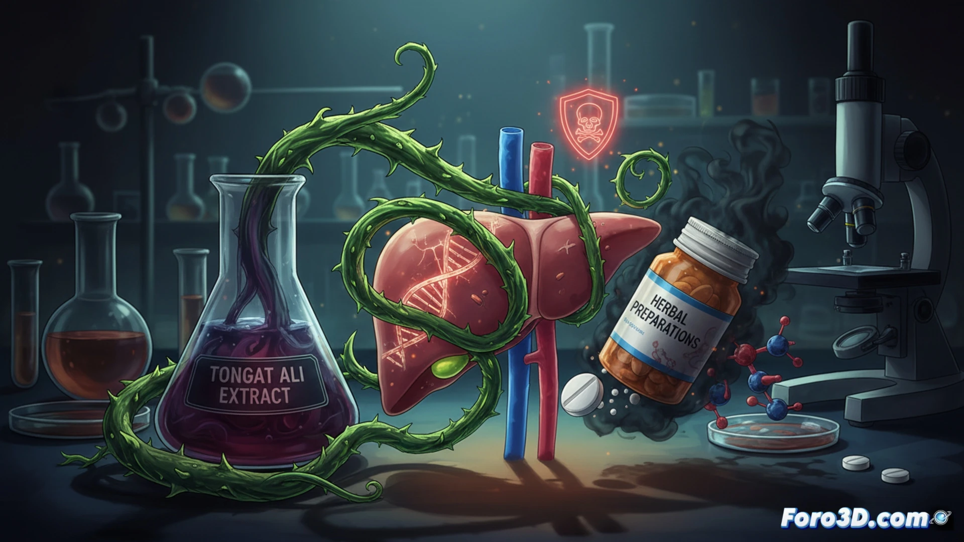 Photorealistic technical illustration of tongkat ali root extract being chemically analyzed in a laboratory, liquid sample pipette transferring into a DNA damage assay plate, glowing red warning indicators on a mass spectrometer screen, liver enzyme inhibition diagram overlaid on a molecular model of paracetamol metabolism, toxicologist in protective gear observing a microscope image of mutated cells, dramatic high-contrast lighting, metallic lab equipment reflections, ultra-detailed scientific visualization.
