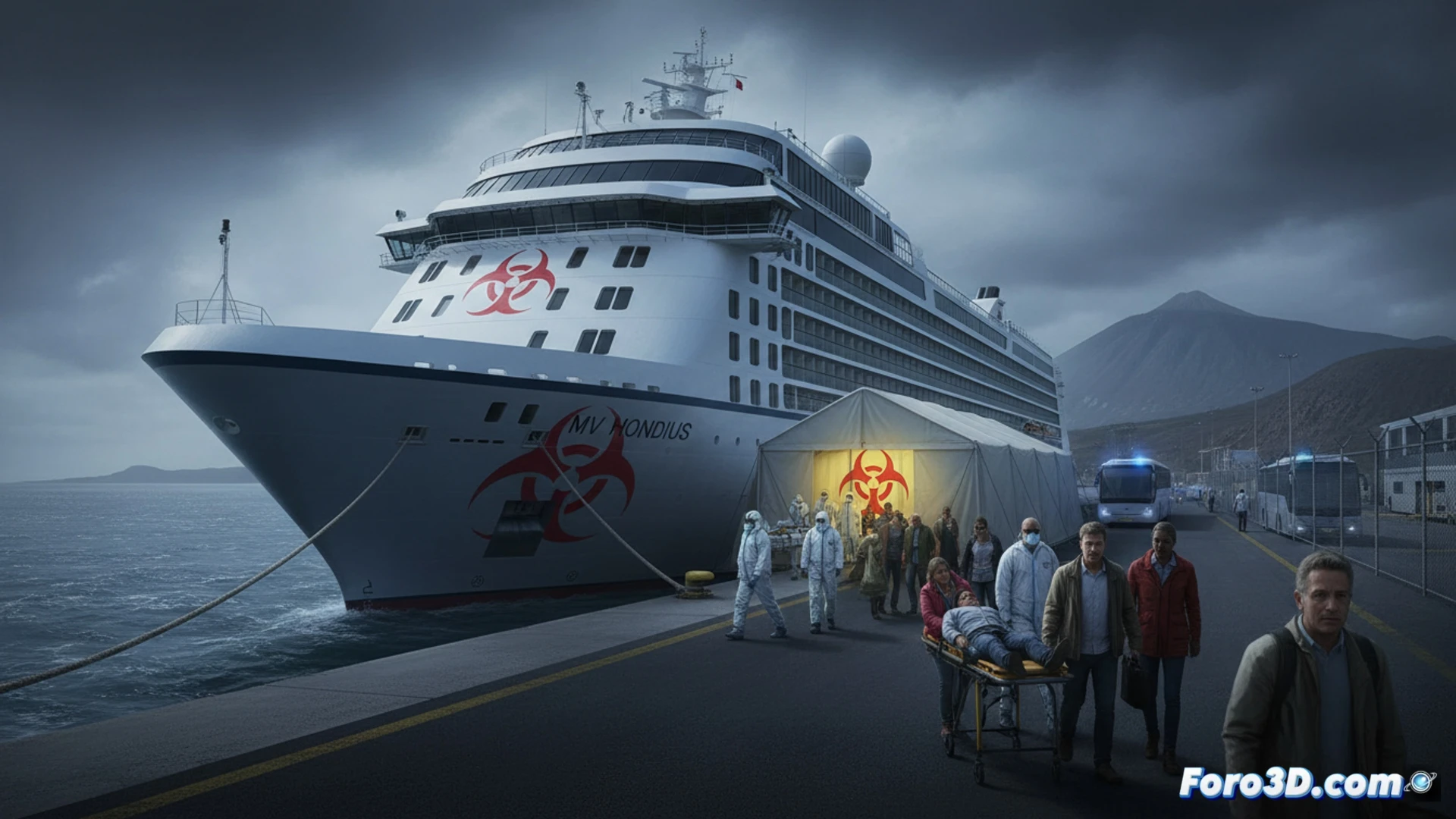 Un crucero varado en el puerto de Tenerife bajo vigilancia sanitaria, con seis ambulancias y personal de la OMS en mascarillas.