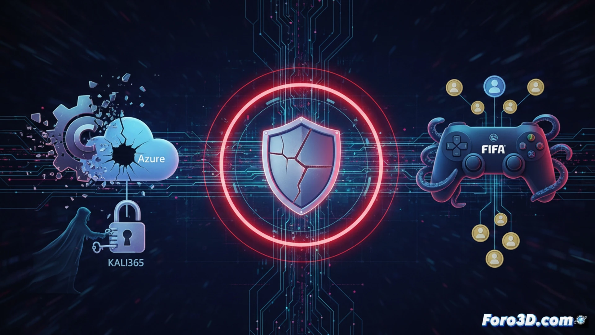 Cybersecurity breach scene showing compromised Claude plugin interface with red warning alerts, Azure cloud server rack with glowing vulnerability indicators, Kali365 bypass tool terminal displaying successful verification evasion, FIFA gaming console with phishing overlay stealing login credentials, data streams flowing from digital platforms into hacker silhouette, cinematic technical illustration style, dark server room environment with emergency red lighting, holographic threat maps showing attack vectors, floating error codes and malware signatures, photorealistic engineering visualization, dramatic contrast between secure and breached systems, motion blur on data exfiltration process