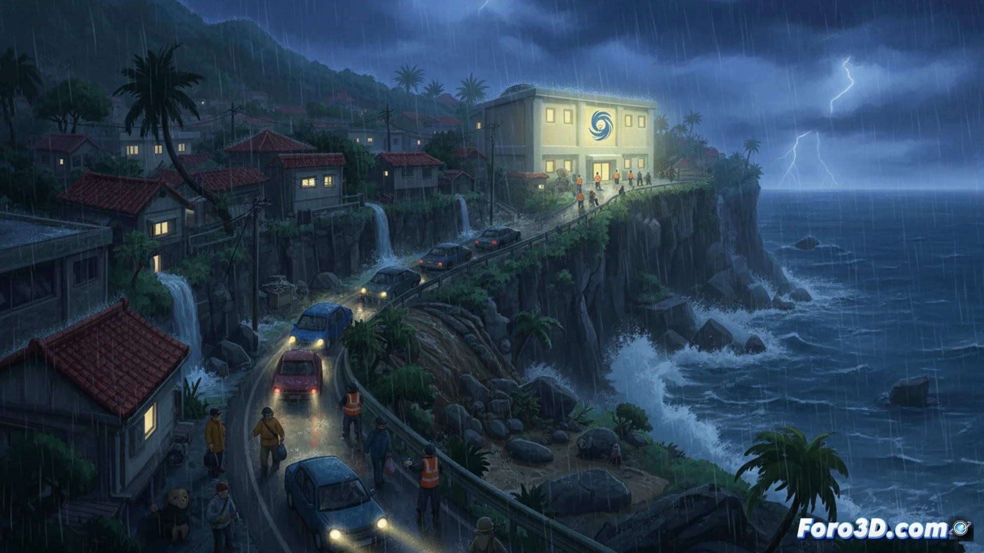 aerial view of Okinawa hillside residential area during torrential rain, saturated orange-brown soil cracking and sliding downhill, house foundations tilting, glowing red evacuation route markers on wet asphalt, families in raincoats moving toward concrete emergency shelter, cinematic photorealistic disaster visualization, dramatic dark storm clouds, lightning illuminating unstable cliff edges, debris flow paths shown with muddy water streaks, ultra-detailed terrain erosion, emergency floodlights on refuge building, realistic rain particle effects, 8K technical render