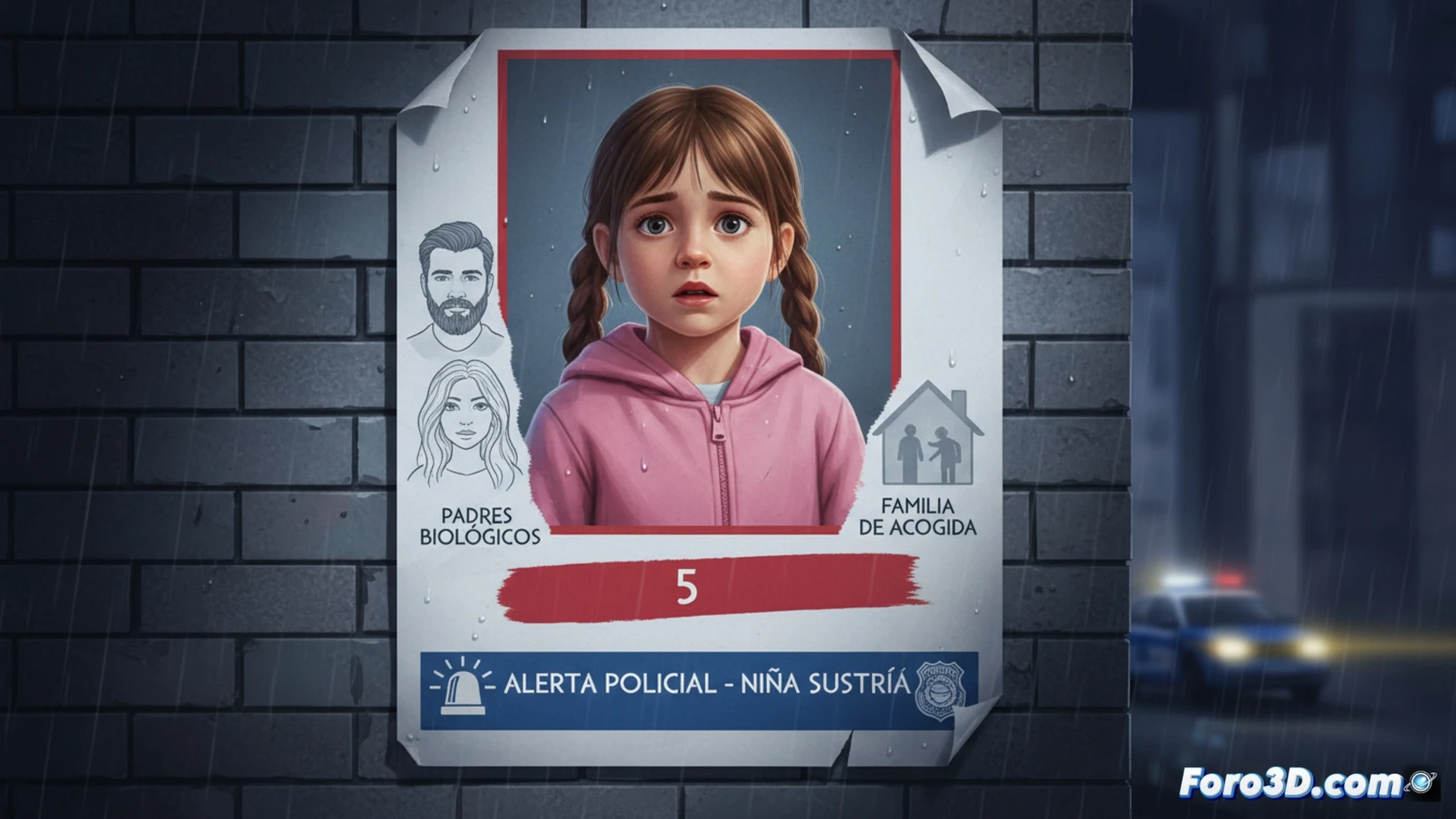 Un mapa policial con chinchetas rojas y una foto borrosa de una niña, manos adultas forcejeando al fondo.