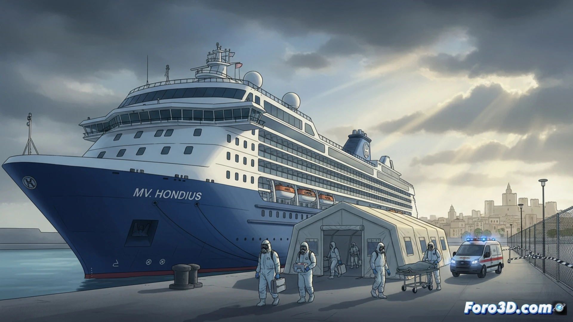 Un crucero en Alicante, con autoridades sanitarias y un hospital al fondo, simbolizando alerta por hantavirus.