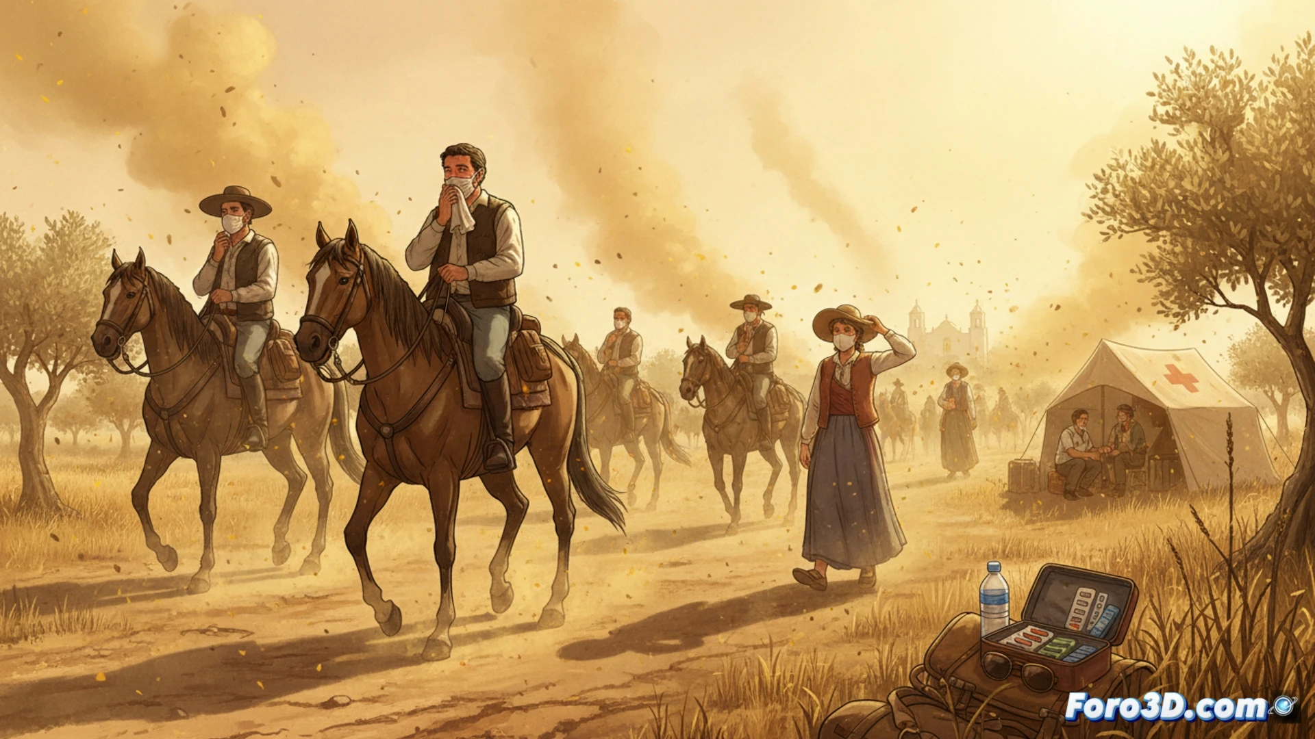 Sunlight-baked Andalusian path with horse-drawn carts and pilgrims walking under shimmering heat haze, microscopic pollen clouds drifting near faces, open car windows showing antihistamine inhalers on seats, a pilgrim adjusting a surgical mask while wiping sweat, medieval town silhouette of Écija in background, cinematic photorealistic medical documentary style, golden hour glare through dust particles, blue sky with white heat rings, ultra-detailed fabric textures on clothing, dramatic contrast between bright ground and shadowed faces, technical health advisory visualization