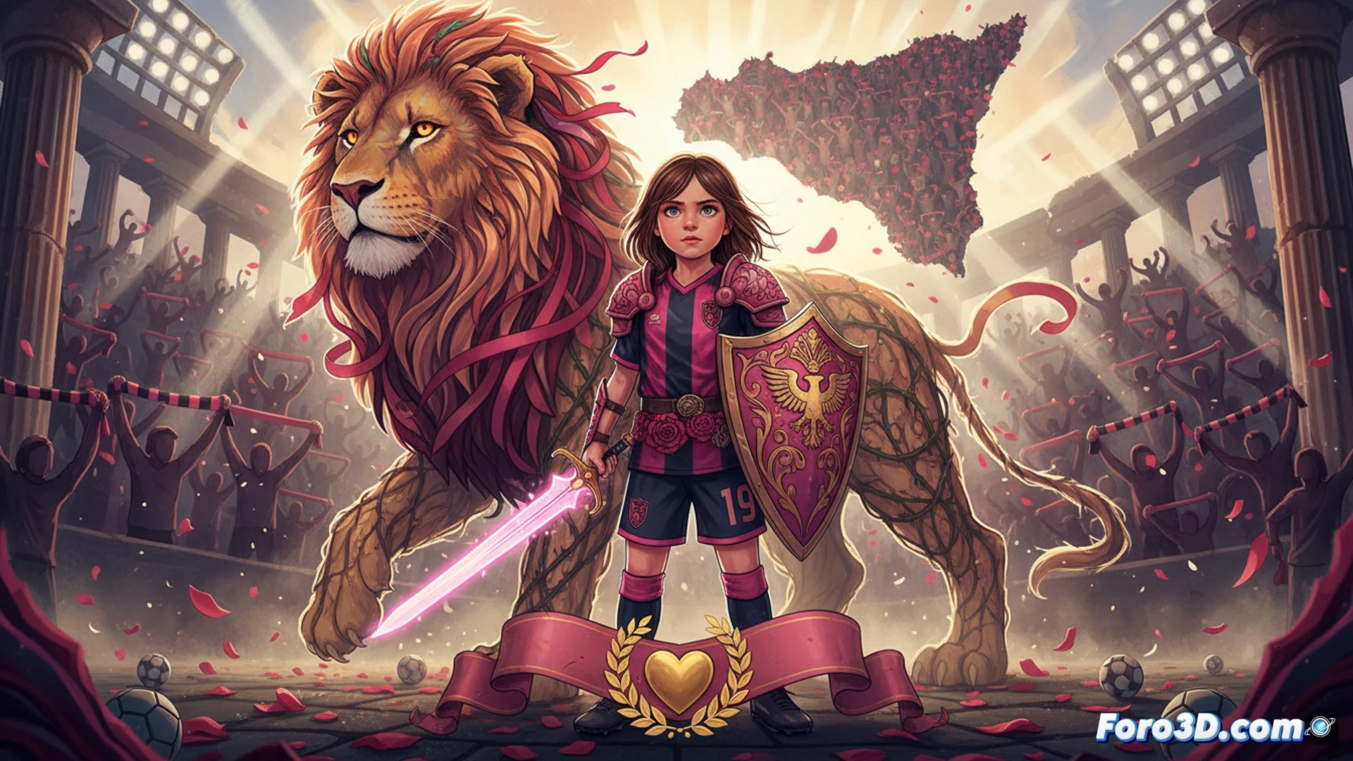 Una niña de ocho años sonríe con fuerza, viste la camiseta del Palermo y sostiene un banderín de la curva norte, rodeada de aficionados que la alzan como símbolo de lucha y cariño eterno.