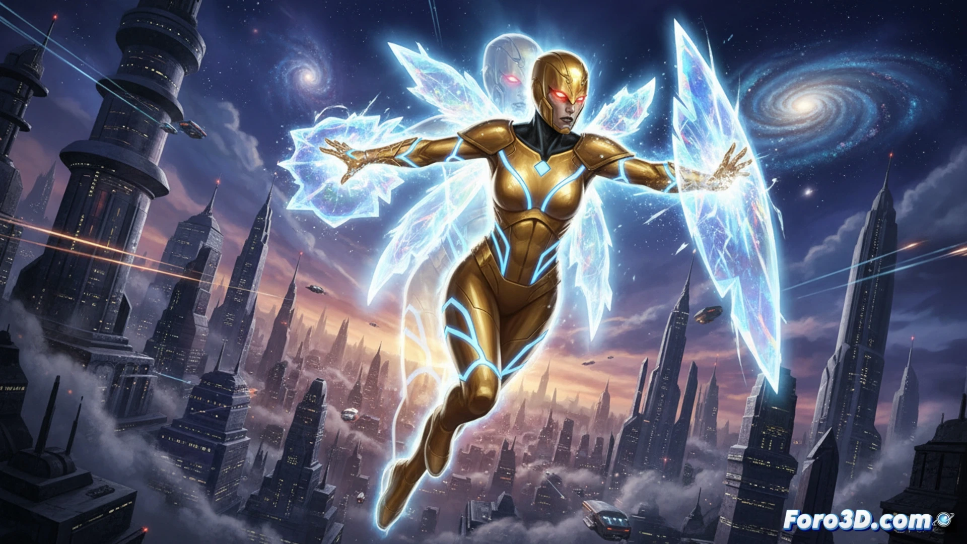 Aleta Ogord (Starhawk) genera un escudo de luz sólida azul y una plataforma de vuelo, compartiendo espacio con Stakar en el siglo XXXI.