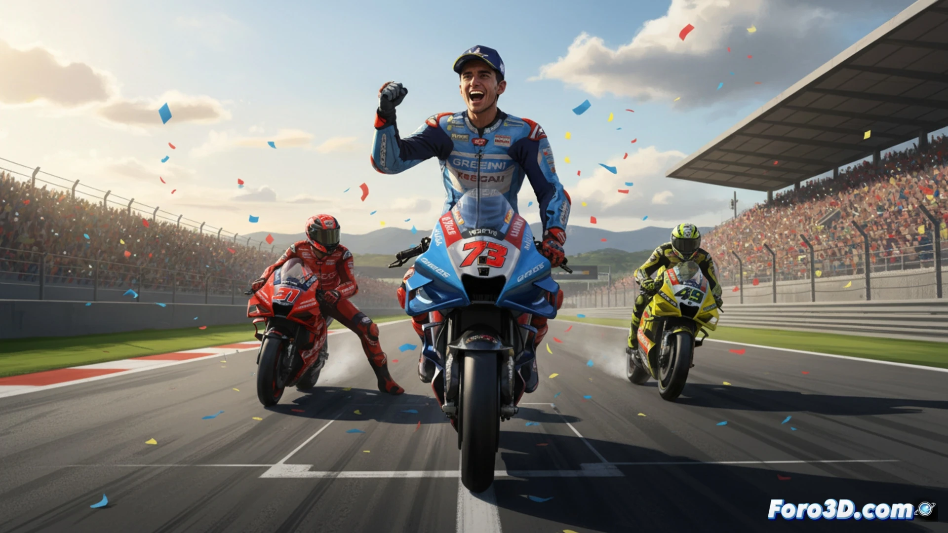 Alex Márquez celebra en Ducati tras ganar el esprint en Catalunya; Acosta y Di Giannantonio lo flanquean en el podio.