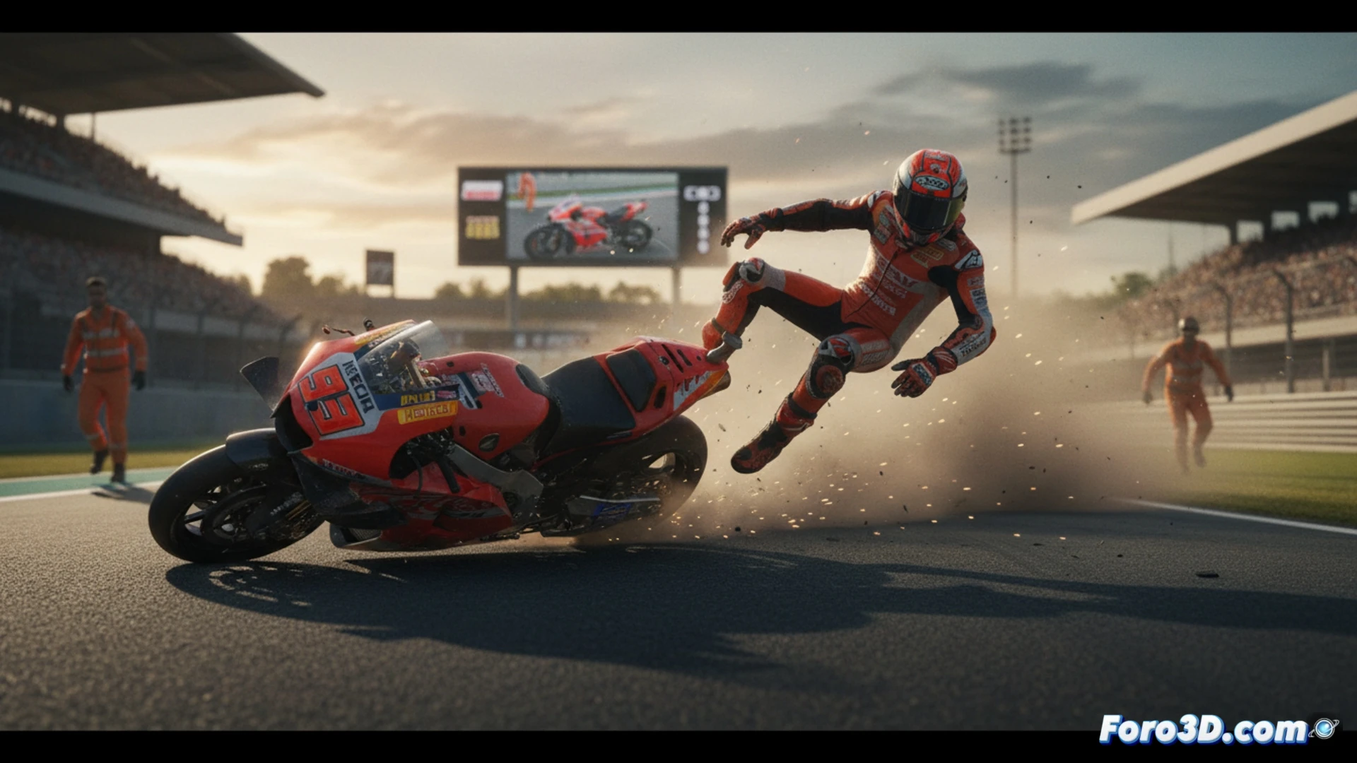 MotoGP rider mid-crash on Barcelona circuit, motorcycle sliding sideways with sparks flying from fairing and wheels, rider separated from bike tumbling across gravel trap, helmet visor cracking on impact, carbon fiber debris scattering, medical crew rushing with stretcher and neck brace visible in background, cinematic sports photography style, dramatic motion blur, harsh sunlight casting long shadows, realistic crash dynamics, high-speed action frozen in time, photorealistic technical visualization