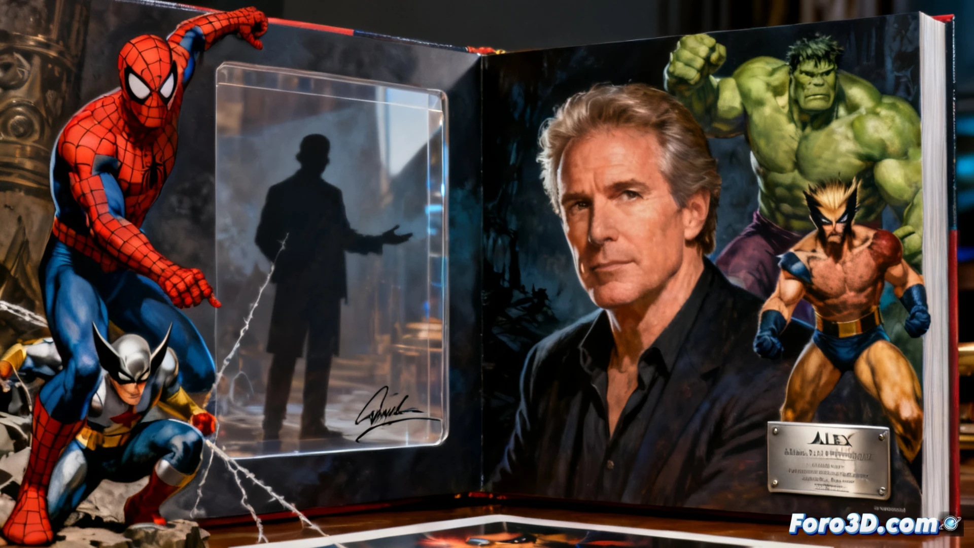 Alex Ross pintando una sobrecubierta de coleccionista con ventana de acetato, pincel manchado de tinta negra sobre un lienzo donde Spider-Man se retuerce en sombras, Hulk se desvanece en manchas oscuras y Wolverine muestra garras rotas, mientras el narrador invisible distorsiona el proceso creativo, estilo pictórico cinematográfico con iluminación dramática de estudio, textura de óleo sobre papel, detalles hiperrealistas de herramientas de arte, pinceles y paleta sucia, atmósfera tensa y decadente, photorealistic technical illustration, acción de pintura en progreso mostrando la transición de héroes clásicos a tono siniestro