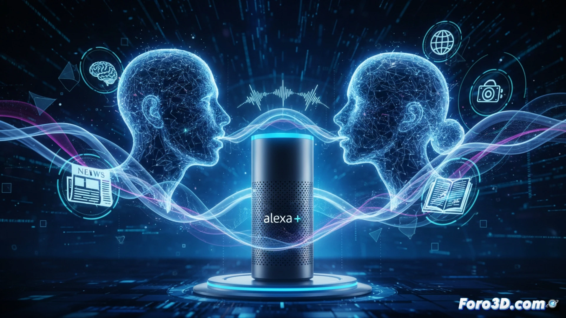 Alexa smart speaker device glowing blue ring active, two digital avatar hosts appearing as holographic heads on either side of the device, one gesturing while the other nods during a simulated podcast conversation, audio waveform lines pulsing between them, podcast episode title displayed as a floating translucent panel above the scene, microphone icon fading into the speaker grill, technical illustration style, sleek dark studio background with soft cyan and amber accent lighting, clean metallic surfaces, sharp focus on the avatar expressions and device details, realistic cinematic render