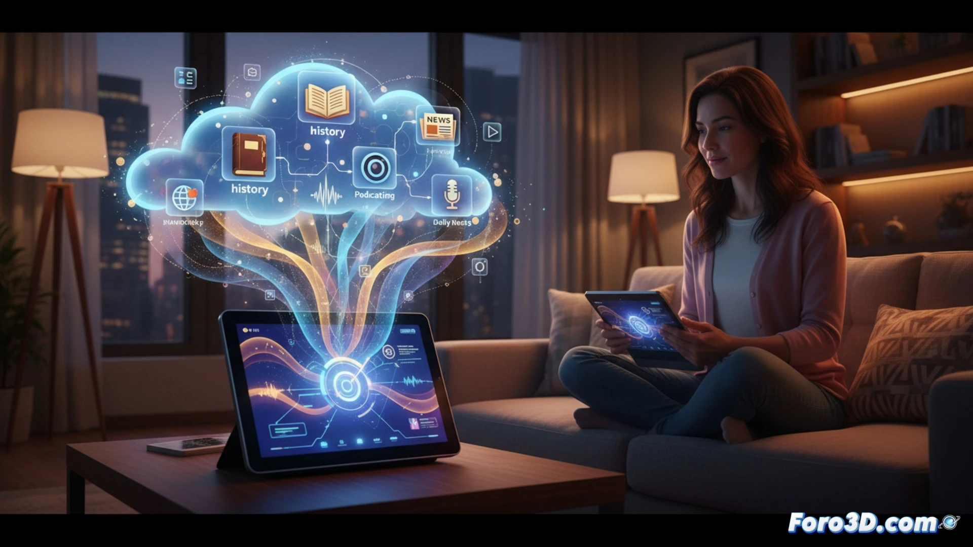 smart speaker on a wooden desk displaying a podcast waveform on its screen, a glowing newspaper icon floating above the device, digital news headlines streaming from the speaker into a pair of wireless earbuds, cinematic photorealistic render, warm ambient lighting, blue LED ring active on the device, transparent holographic interface showing rotating globe with news source logos, morning sunlight streaming through a window, sleek minimalist interior, ultra-detailed textures on the speaker mesh and wood grain, dramatic shadows highlighting the tech process