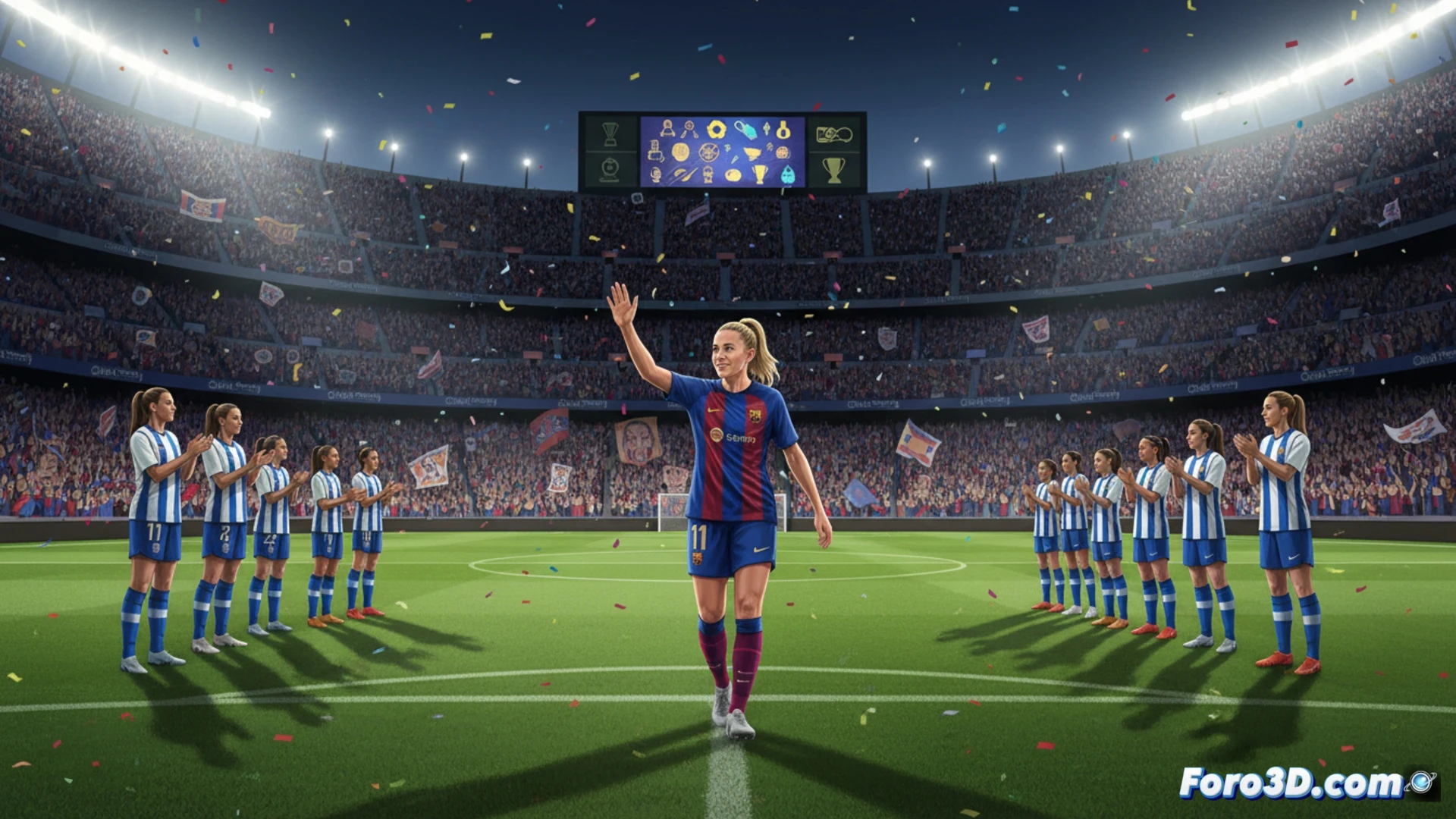 Alexia Putellas saltando para rematar de cabeza en el Camp Nou, balón rozando su frente mientras su pie de apoyo presiona el césped en acción de giro, brazalete de capitana azul grana y mangas sudadas visibles, fondo de gradas iluminadas con afición borrosa, cámara lenta cinematográfica, iluminación de estadio nocturno con focos cruzados, textura realista del césped húmedo, efecto de movimiento con estela de luz en el balón, photorealistic sports action render, dramatismo emocional, composición épica de despedida.