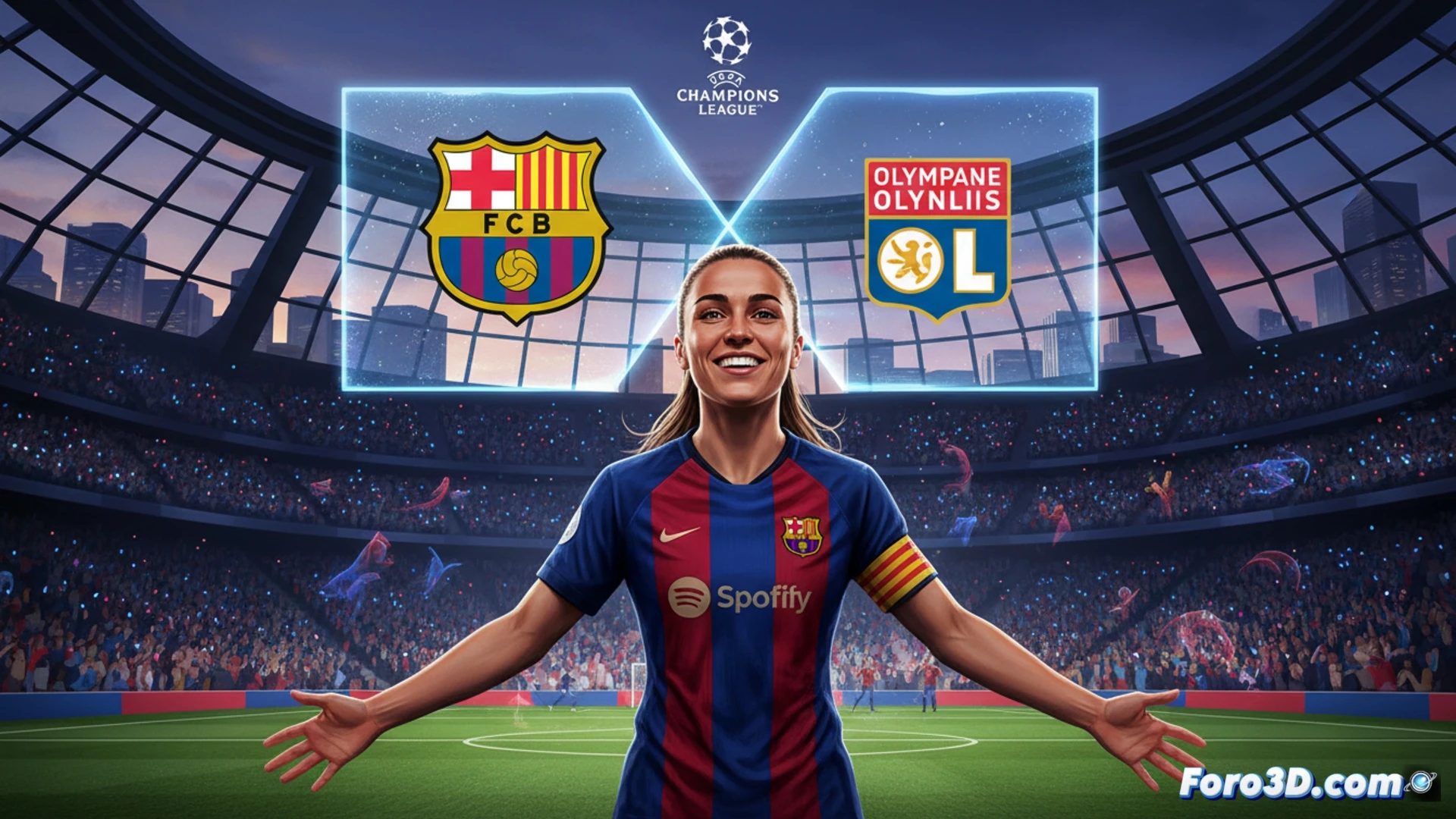 Alexia Putellas corriendo con el balón controlado en un campo de fútbol nocturno bajo reflectores, fondo del estadio con gradas iluminadas, gesto de determinación mientras mira hacia el arco, botas de fútbol de alta gama con detalles técnicos en relieve, balón de cuero con paneles cosidos visiblemente texturizados, césped artificial con marcas de césped natural, sensores de rendimiento deportivo integrados en el calzado mostrando datos en tiempo real en una tableta de análisis táctico en primer plano, cinematic photorealistic render, iluminación dramática de partido, profundidad de campo reducida, tonos azules y granates del uniforme contrastando con el verde del campo, simulación de movimiento deportivo de alta velocidad.