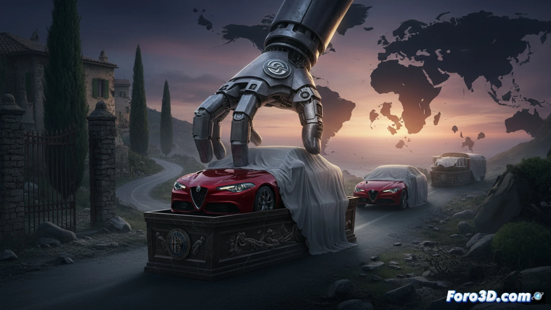 Alfa Romeo Giulia partially disassembled on an Italian factory floor, Stellantis corporate blueprints being rolled over the chassis with red cancellation stamps, regional map of Italy glowing on a monitor while Southern Europe fades to grey, automotive engineers removing premium badge from the front grille, cinematic technical visualization, industrial fluorescent lighting casting harsh shadows on concrete, photorealistic engineering render, mechanical components scattered on workbench, dramatic moment of deconstruction