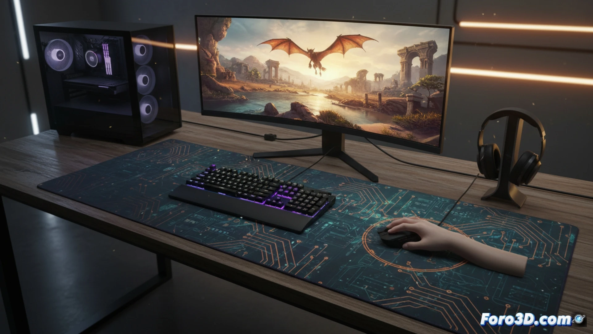 gamer hand sweeping a mouse across a massive XXL desk mat, mouse cursor moving rapidly across a bright gaming monitor displaying a first-person shooter, keyboard and mouse resting on the uniform fabric surface, wide-angle shot showing the mat covering the entire desk, dramatic blue and purple LED lighting from the PC case reflecting on the mat, cinematic photorealistic technical illustration, smooth motion blur on the mouse cable, clean workspace with no clutter, ultra-detailed textile weave visible under rim lighting, high-contrast shadows emphasizing the mat boundaries
