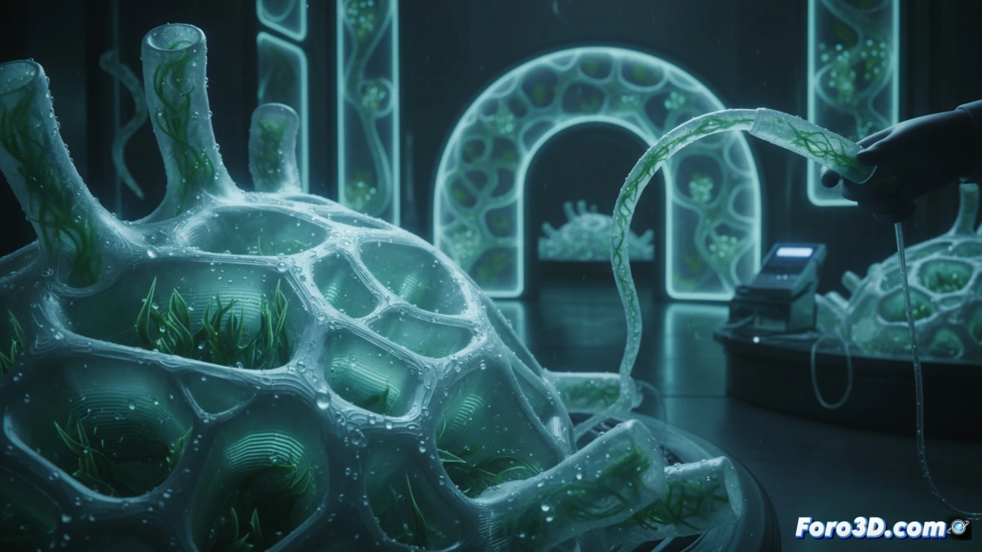 3D printer nozzle extruding glowing green bioluminescent algae-infused hydrogel onto a transparent platform, layered organic lattice structure emitting soft cyan light, scientist in white lab coat adjusting digital microscope above the print, petri dishes with luminous samples nearby, holographic display showing cellular viability data, sterile laboratory environment with blue ambient lighting, photorealistic engineering visualization, macro lens focus on the extrusion process, living material glowing without external power source, ultra-detailed nozzle tip and filament strands, cinematic volumetric lighting
