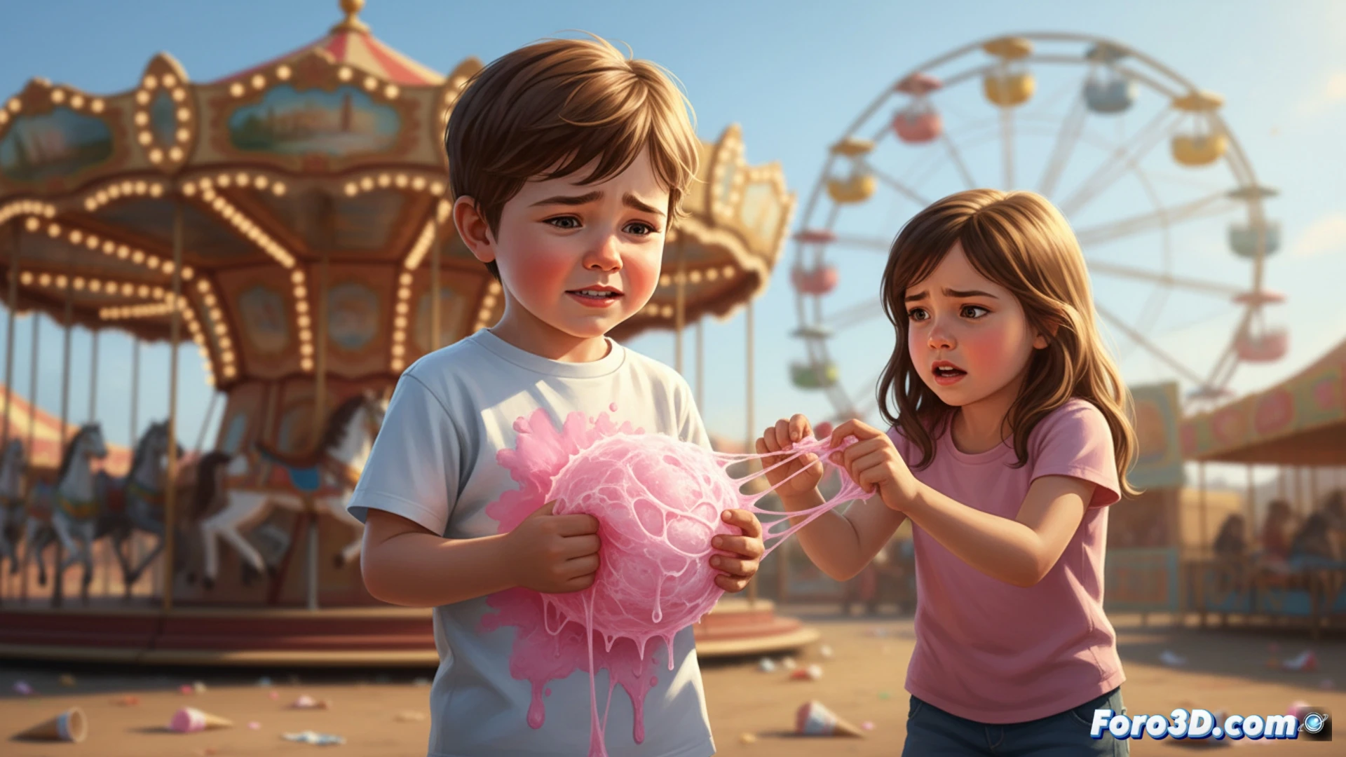 Ferris wheel at dusk, a pink cotton candy cloud dissolving and sticking to a person s sweaty polyester t-shirt, forming stubborn sticky stains, fabric fibers visibly coated in sugary syrup, microscopic adhesion process highlighted with glowing orange particles, cinematic photorealistic technical illustration, macro lens close-up, sweat droplets on skin, summer heat haze, blurred carnival lights in background, ultra-detailed textile weave, dramatic golden hour lighting, hyperrealistic material rendering, 8k quality