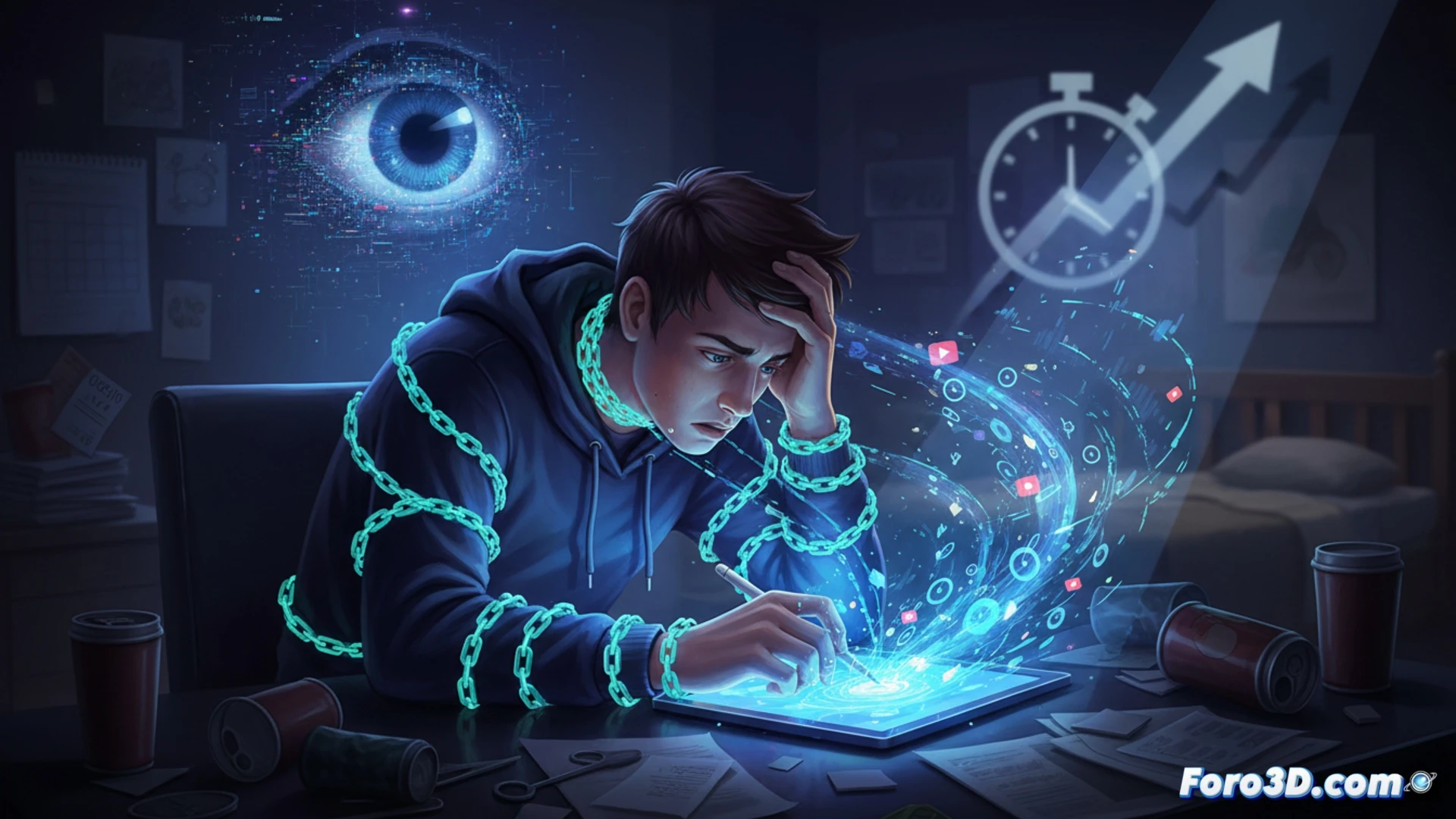 Creador de contenido frente a pantalla, con gráficos de algoritmos y signos de estrés digital, salud mental y fatiga visual.