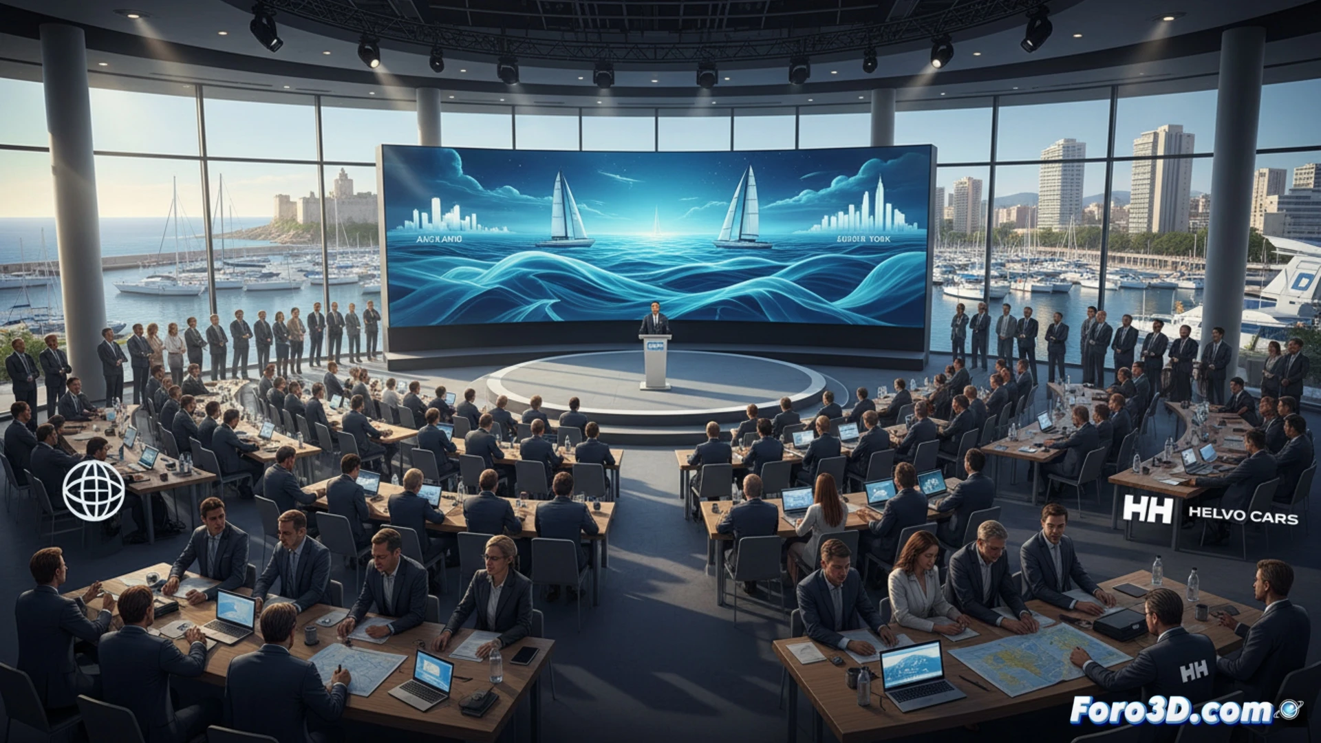 Marina de Alicante at sunrise, Volvo Ocean 65 racing yachts docked in formation, crew members in Helly Hansen gear reviewing navigation screens and digital wind maps on tablets, large holographic globe showing route from Alicante to Auckland, stakeholders pointing at technical details, maritime cranes lifting a damaged keel fin for inspection, cinematic photorealistic engineering visualization, metallic hull reflections, glowing LED data overlays on sails, dramatic golden hour lighting, ultra-detailed rigging and composite materials, industrial port atmosphere with cranes and containers in background