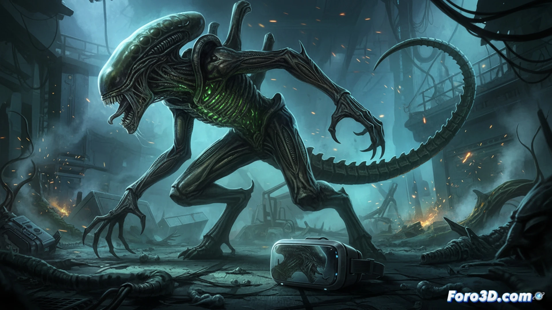 Xenomorfo acecha en oscura instalación con iluminación dinámica de Unreal Engine 5 en VR