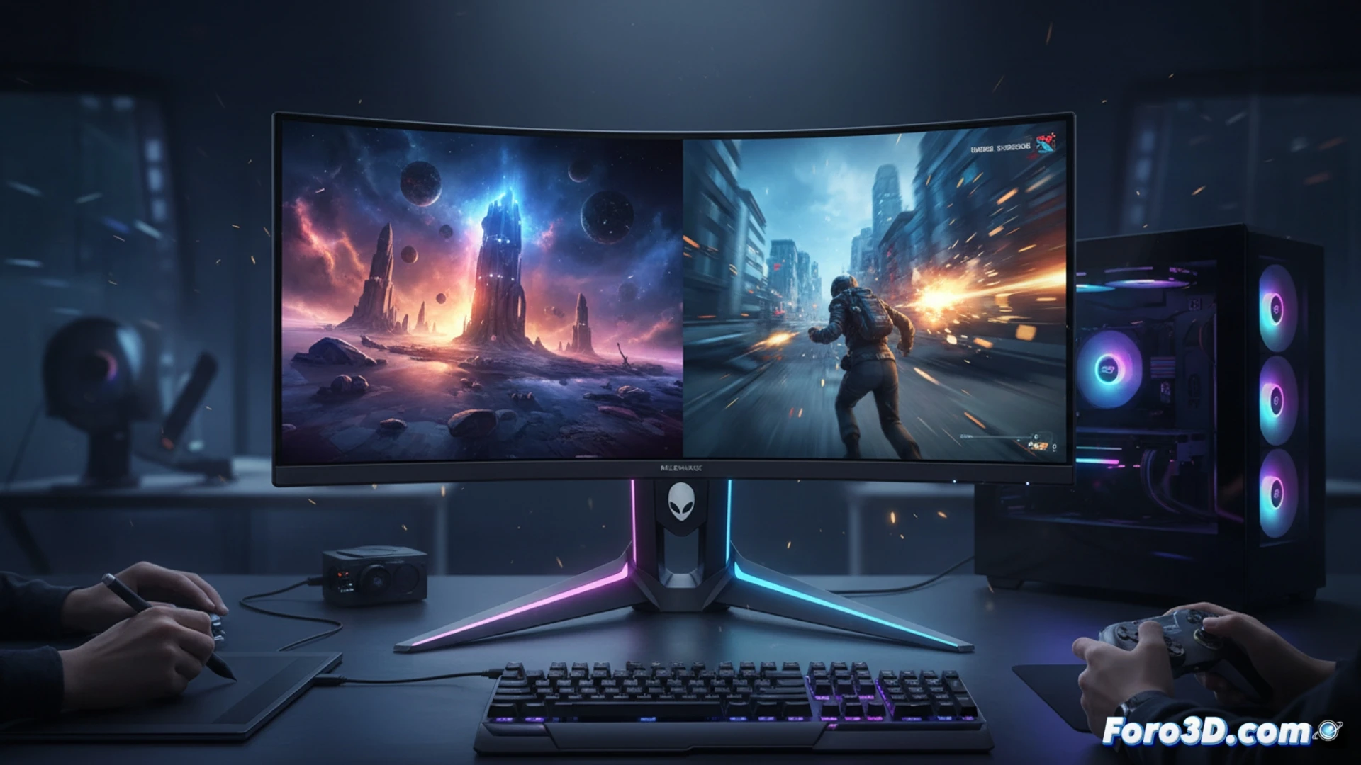 Photorealistic technical illustration of a curved 32-inch QD-OLED monitor at 1700R radius, displaying a 4K game scene with motion blur streaks and a color calibration tool open in the corner, a designer hand adjusting a stylus on a graphics tablet while a gamer hand grips a mechanical keyboard, both hands shown in action during a simultaneous workflow, monitor bezel reflecting subtle studio lighting, behind the screen visible heat sink fins and thin panel layers, cable management arm holding a high-end GPU tower, cinematic engineering visualization, ultra-detailed pixel grid glow on the OLED surface, dramatic dark ambient lighting with blue and orange accents