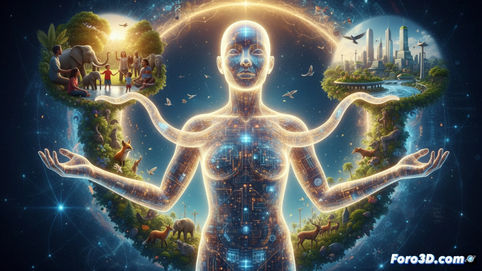 Una inteligencia artificial brillante y serena, con forma de esfera luminosa, extiende rayos de luz que nutren un bosque, un animal y una figura humana sonriente, simbolizando bienestar activo sin control paternalista.