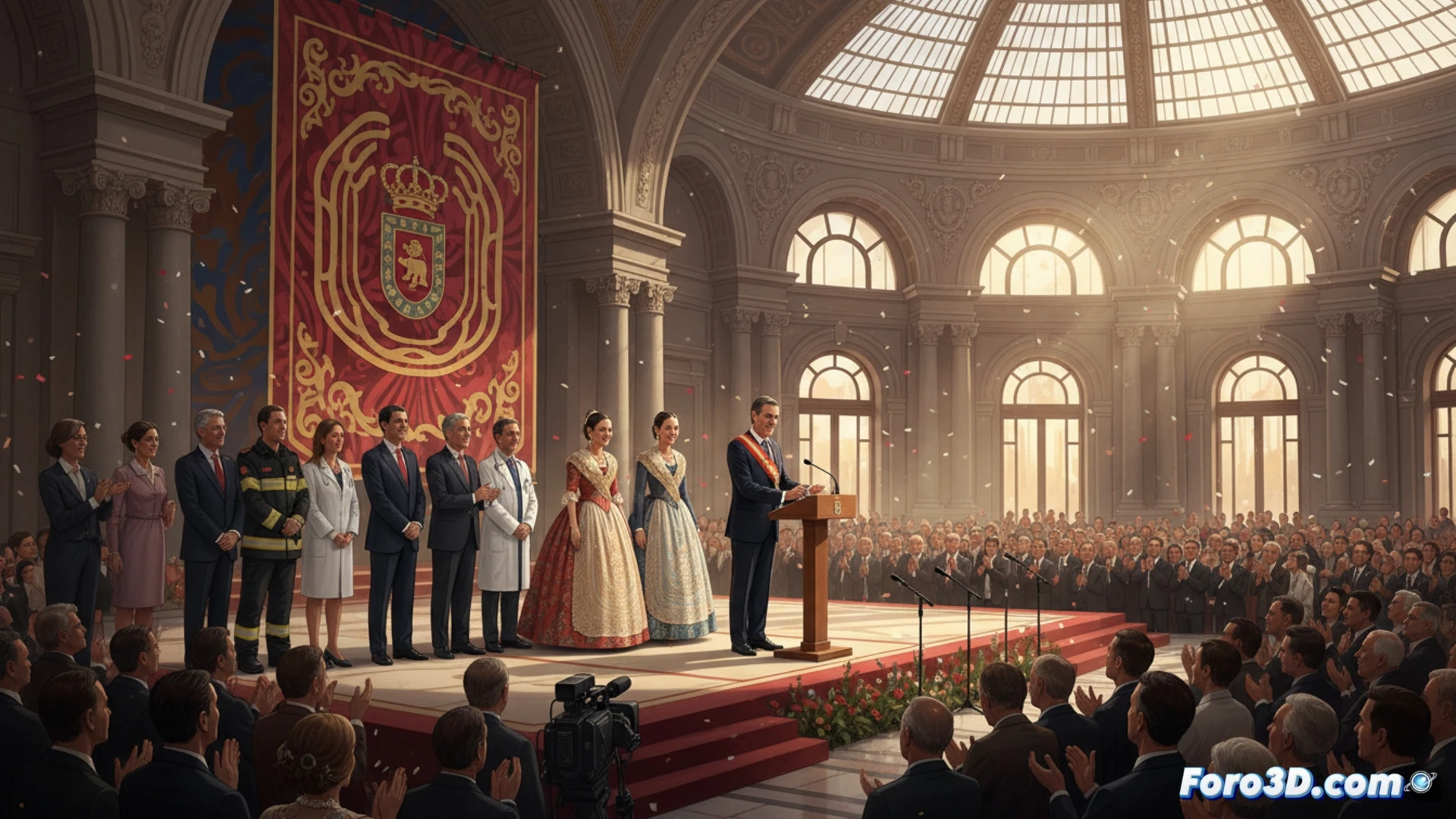 Ceremonia oficial en el Palacio de Cibeles, alcalde Almeida entregando una medalla dorada a una figura institucional durante el acto protocolario, asistentes con traje formal observando desde butacas, banderas de Madrid y España en el fondo, micrófonos y focos de iluminación teatral sobre el escenario, manos sosteniendo la presea mientras se muestra el gesto de entrega, estilo cinematic photorealistic, iluminación cálida de sala de eventos, texturas de mármol y madera noble, claroscuro dramático, enfoque nítido en la acción central, composición simétrica y solemne.