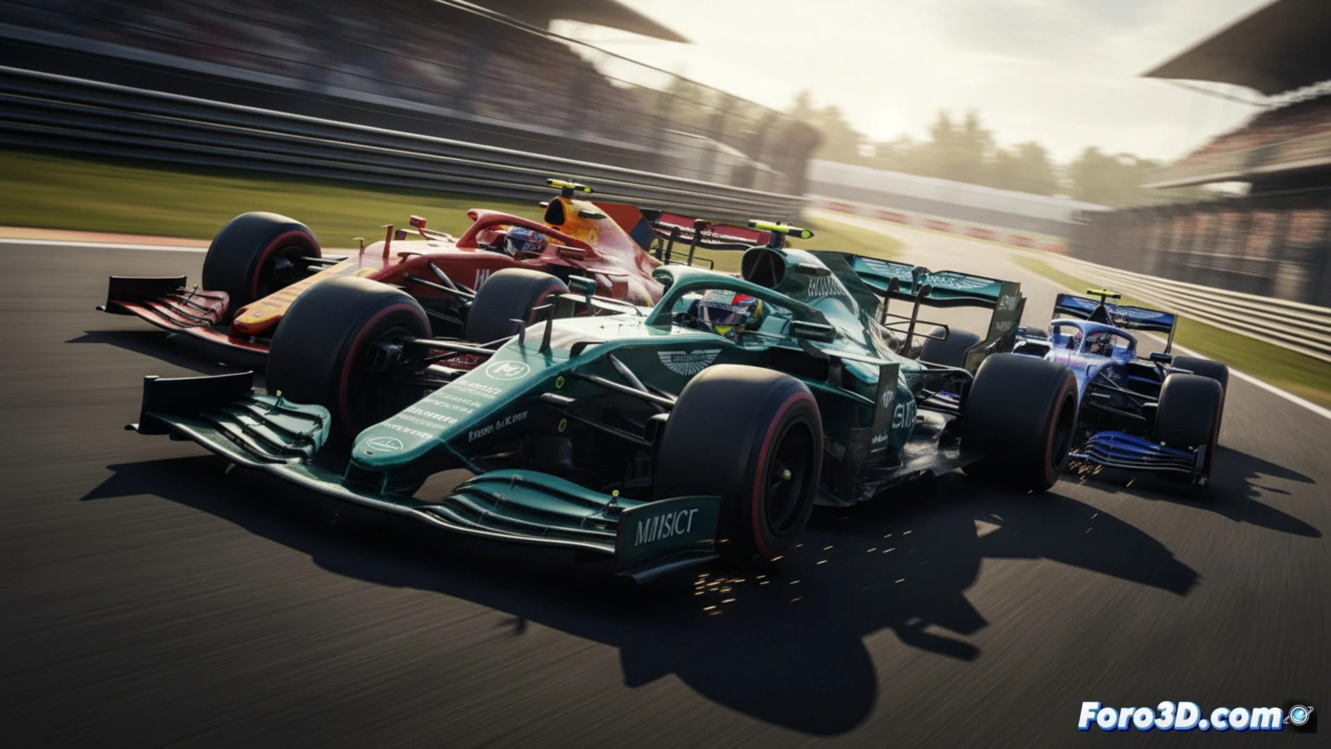 Aston Martin F1 car at race start, front wing millimeters behind rival wheel, aggressive steering angle while braking late into corner, rear diffuser kicking up sparks from curb contact, motion blur on tires showing high slip angle, cinematic engineering visualization, carbon fiber body panels under harsh paddock lighting, aerodynamic vortex trails visible over sidepod, dramatic tension of overtaking maneuver with slower straight-line speed, photorealistic technical render